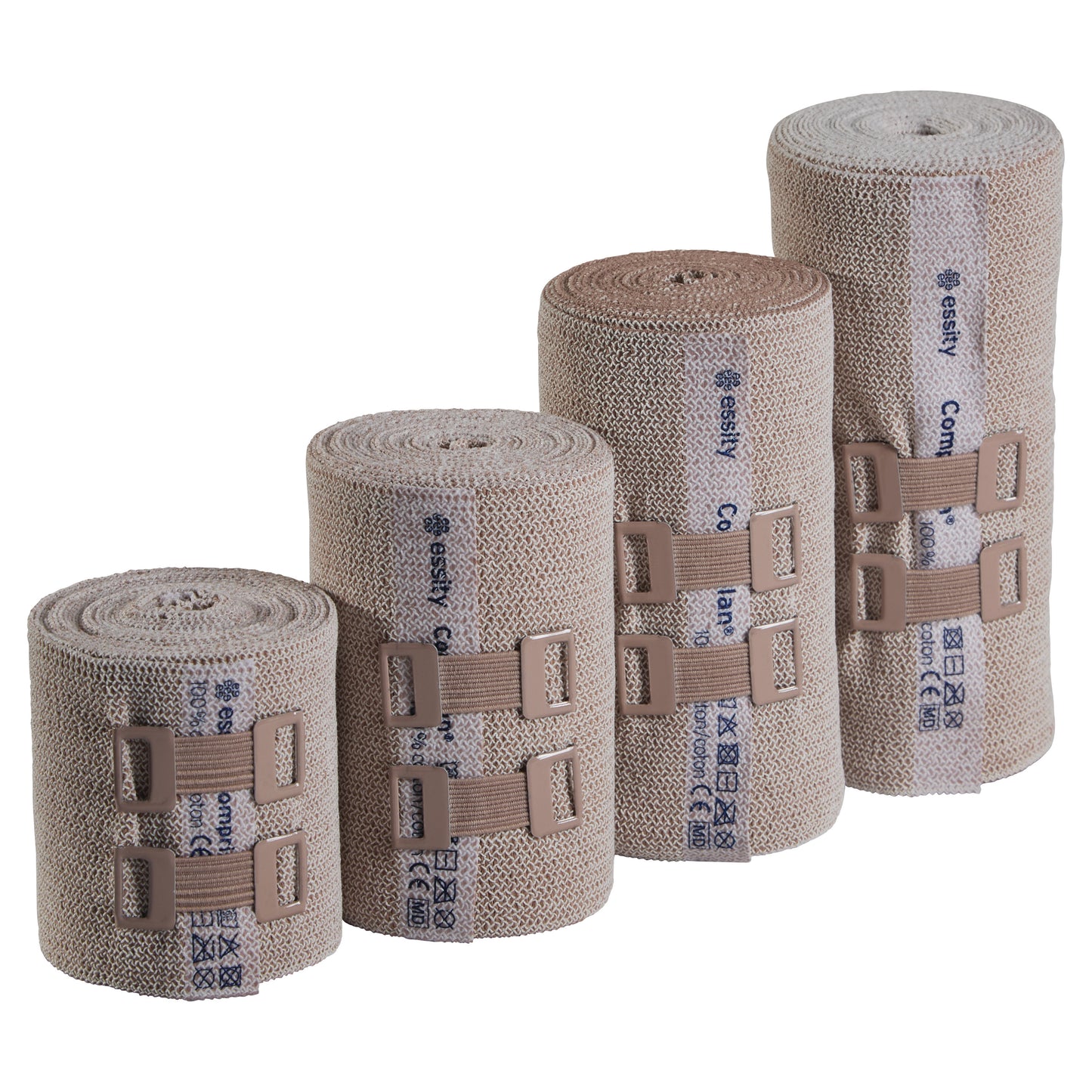 Four rolls of BSN Comprilan Bandage in varying sizes are shown upright. Each bandage has metal fasteners attached.