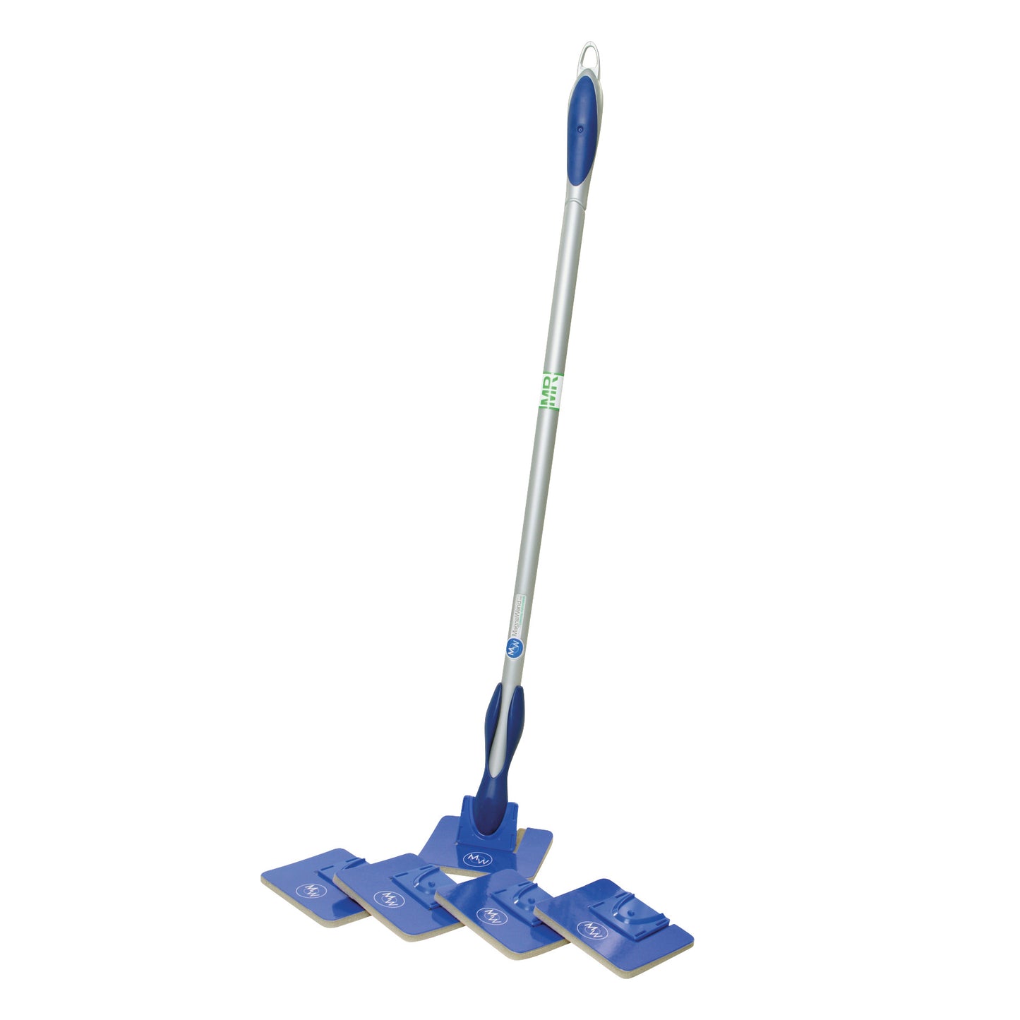 The Disposable Pad for MagnaWand MRI Cleaning Tool with a long handle and multiple blue pads attached at the base.