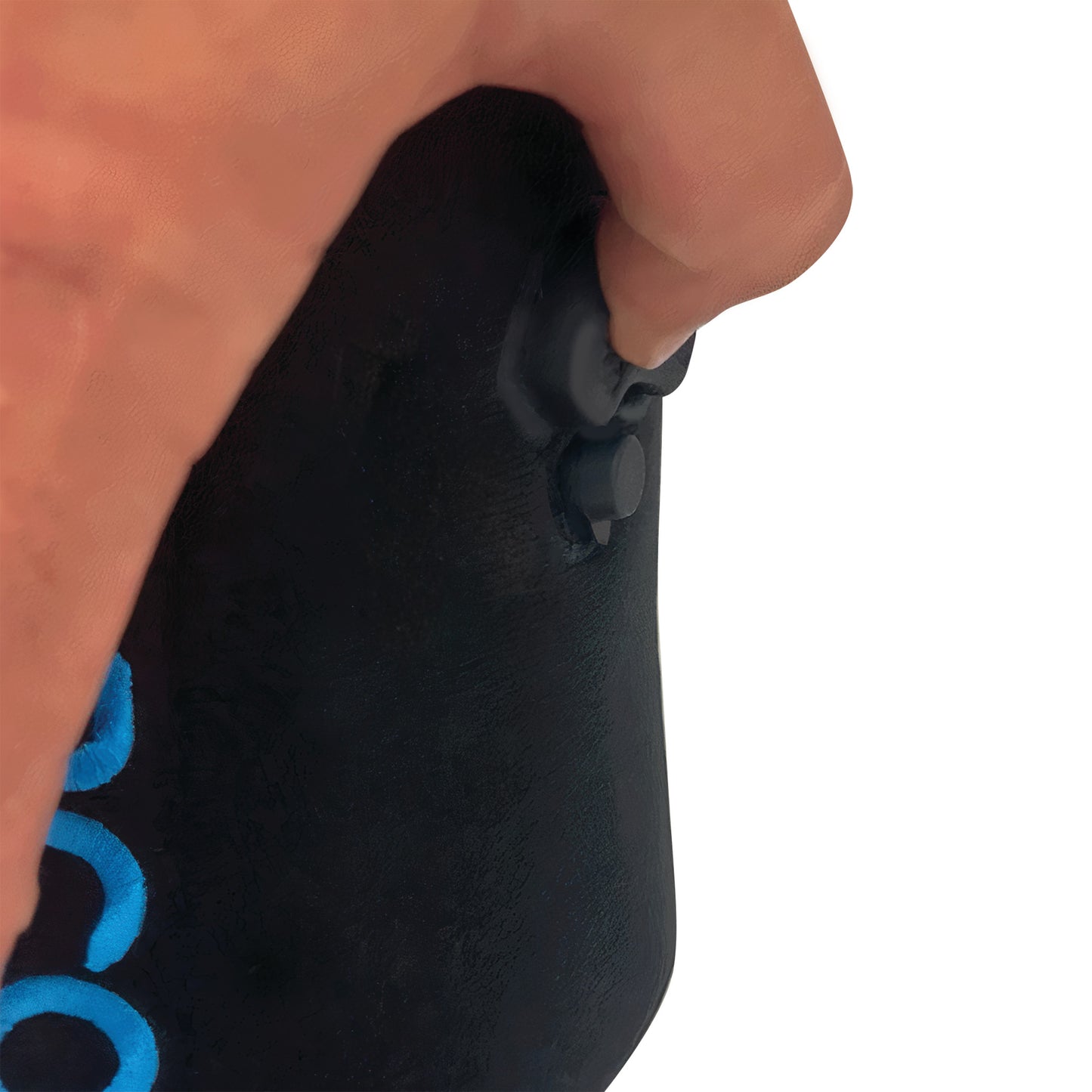 A hand adjusts the DARCO Pneumatic Night Splint, showing its black exterior with blue details and adjustment buttons.