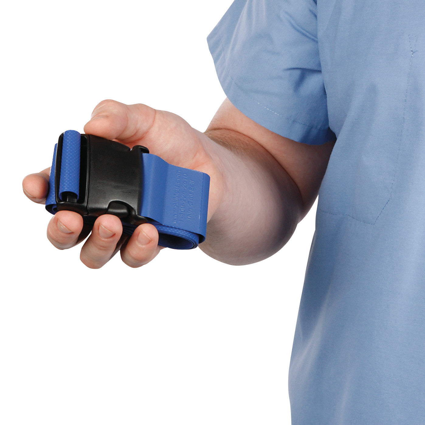 A person holds an AliMed Thin Wipeable Gait Belt, featuring a blue strap and a black buckle, wearing a light blue shirt.