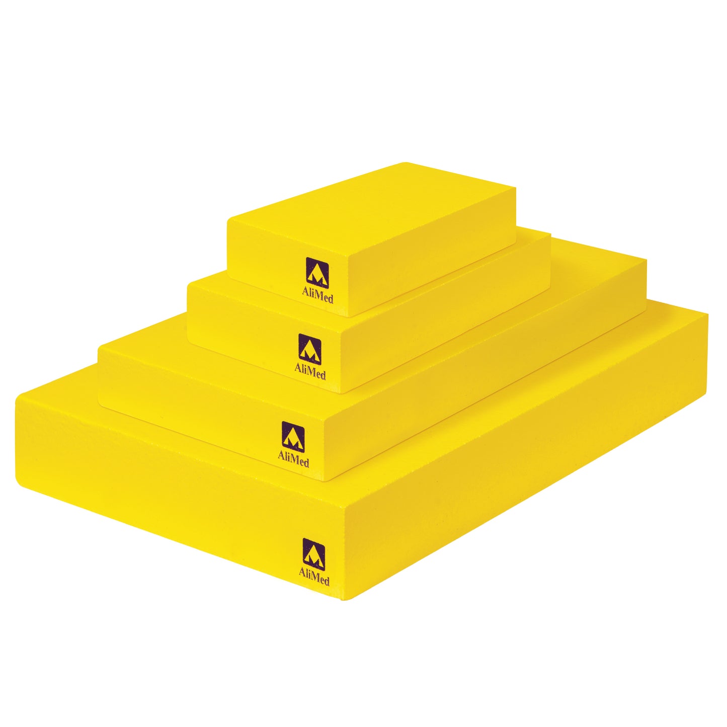 Four stacked yellow AliMed Protecta-Coat Rectangle Positioners in different sizes, labeled with the AliMed logo.