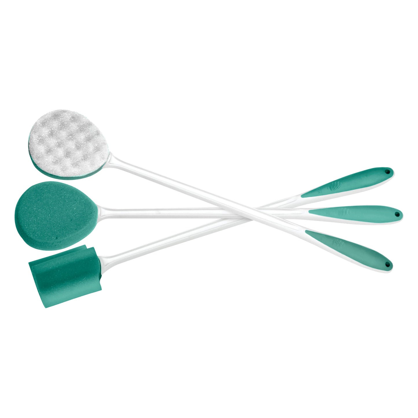 Four AliMed Deluxe Grip Sponges are shown, featuring long white handles and green textured grips with different sponge heads.