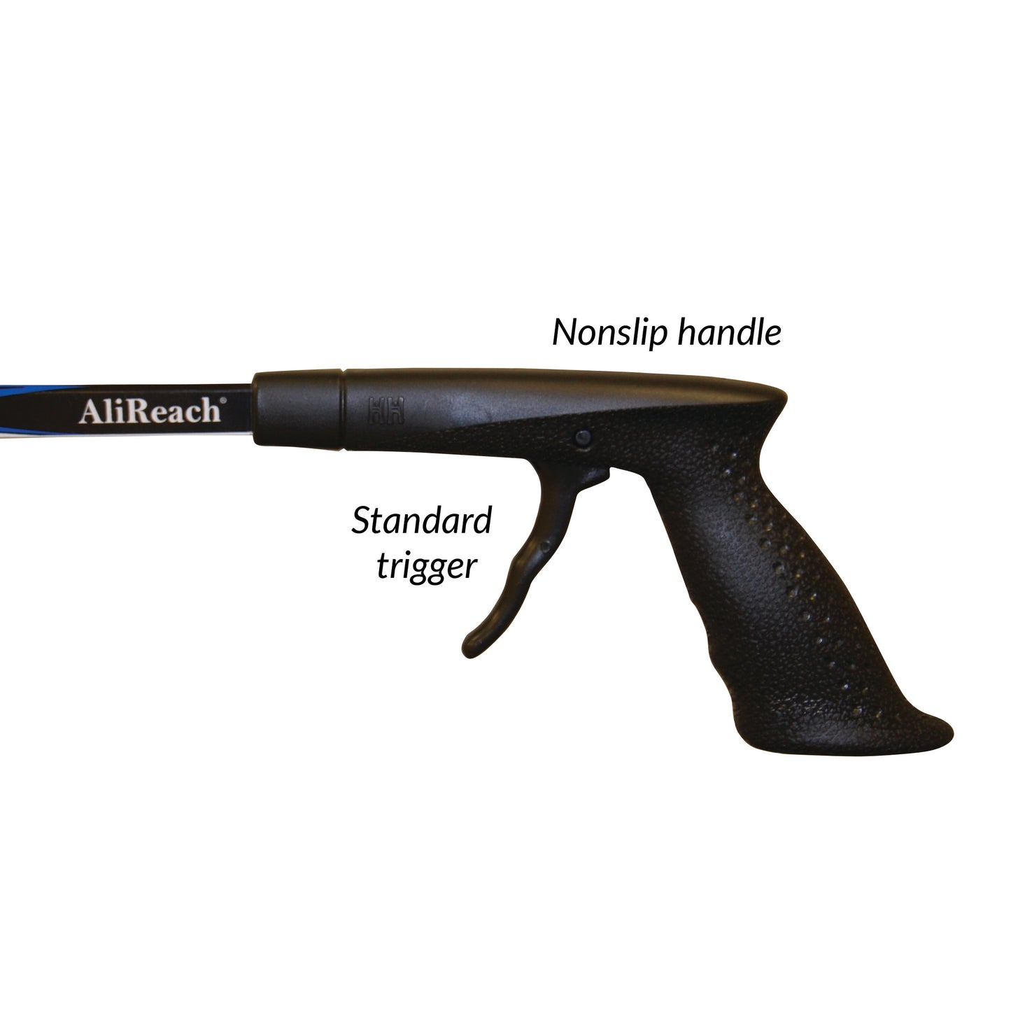 An AliMed AliReach Standard Reacher with a nonslip handle and standard trigger. The product is black and ergonomic.