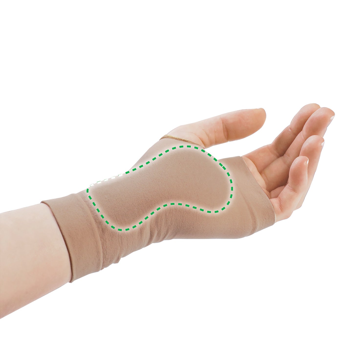A hand wearing the PediFix Visco-GEL Carpal Tunnel Relief Sleeve with a highlighted gel padding area.