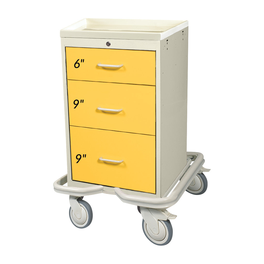 AliMed Mini Series 3-Drawer Isolation Tower Cart with Key Lock features yellow drawers labeled 6', 9', and 9', on wheels.
