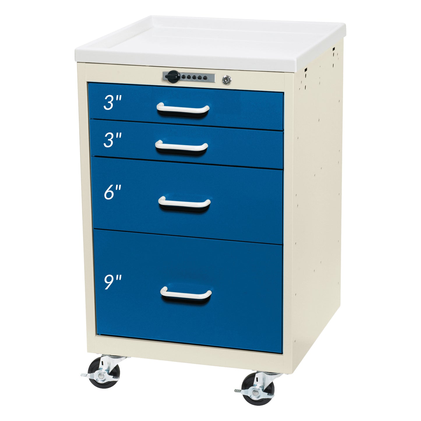 An AliMed Mini Series 4-Drawer Anesthesia/Procedure Cart with Push-Button Lock. It has blue drawers of varying sizes.