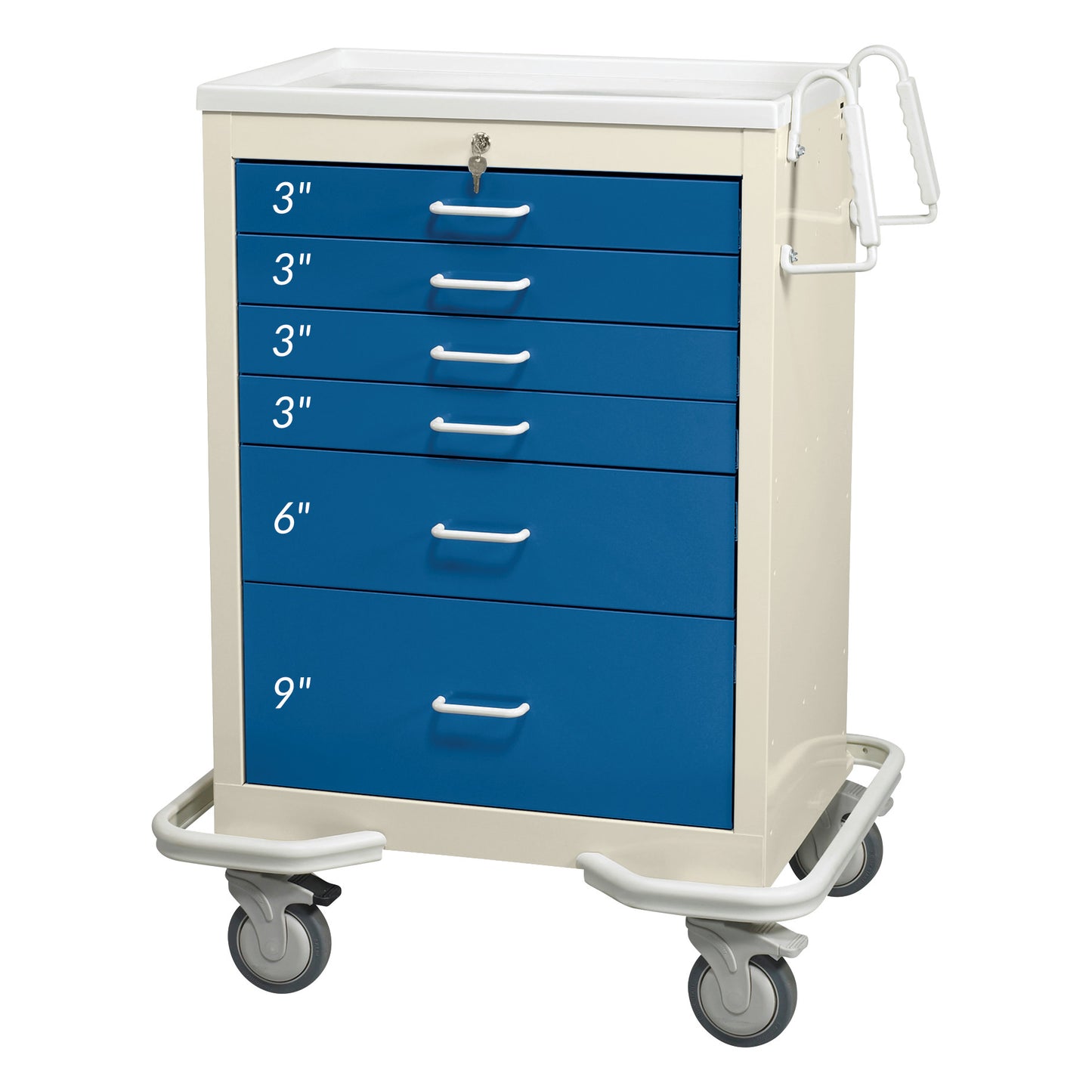 AliMed Standard Series 6-Drawer Anesthesia/Procedure Cart with Key Lock, 27' Drawer Space, featuring blue drawers on wheels.