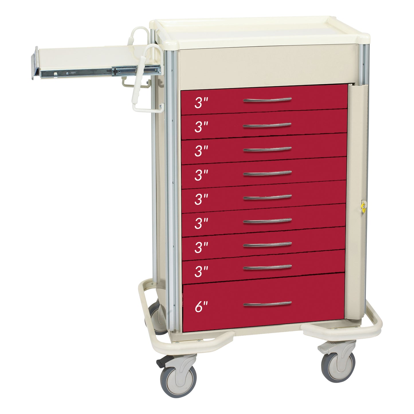 AliMed Select Series 9-Drawer Emergency Cart shown with six 3' drawers and one 6' drawer, featuring a pull-out shelf and wheels.