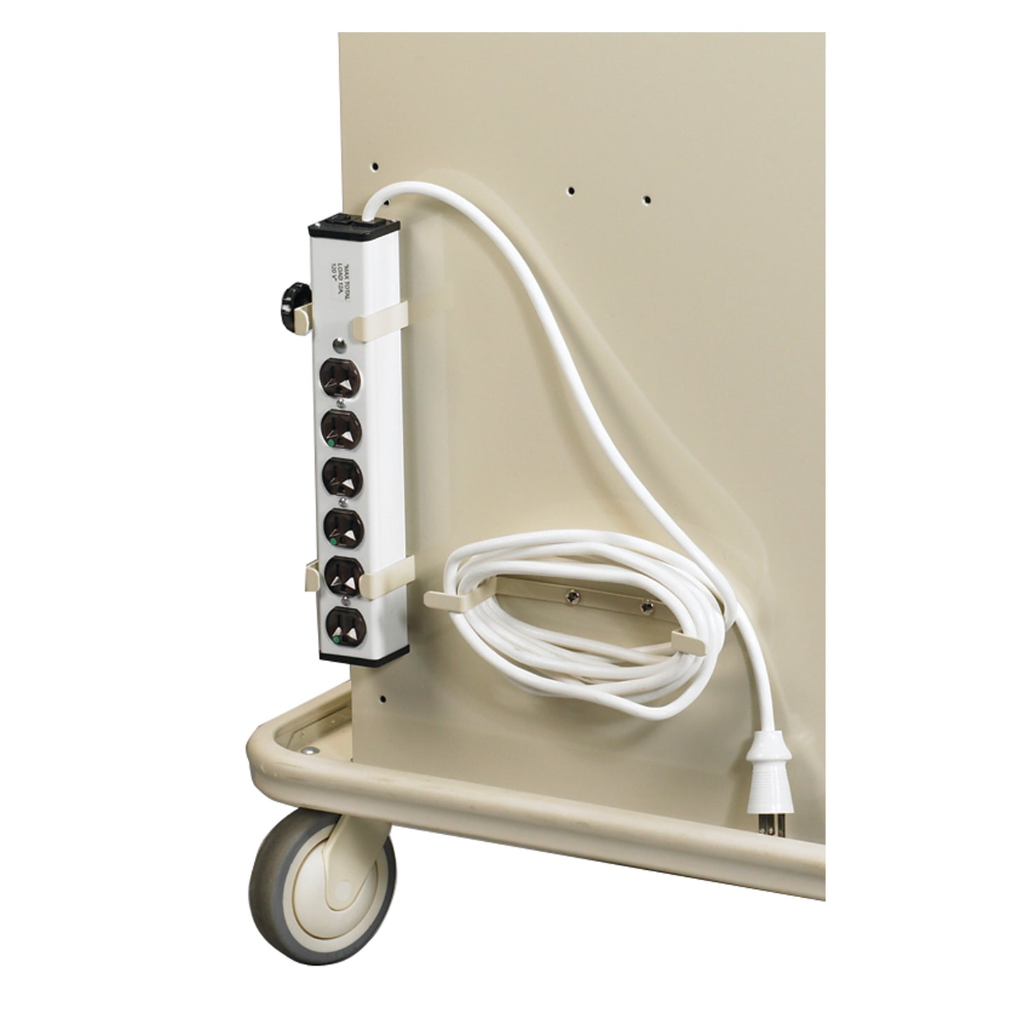 A medical cart with an AliMed Cart Accessory: Six-Outlet Strip for Select/Standard/Wide Series, featuring a coiled white cord.