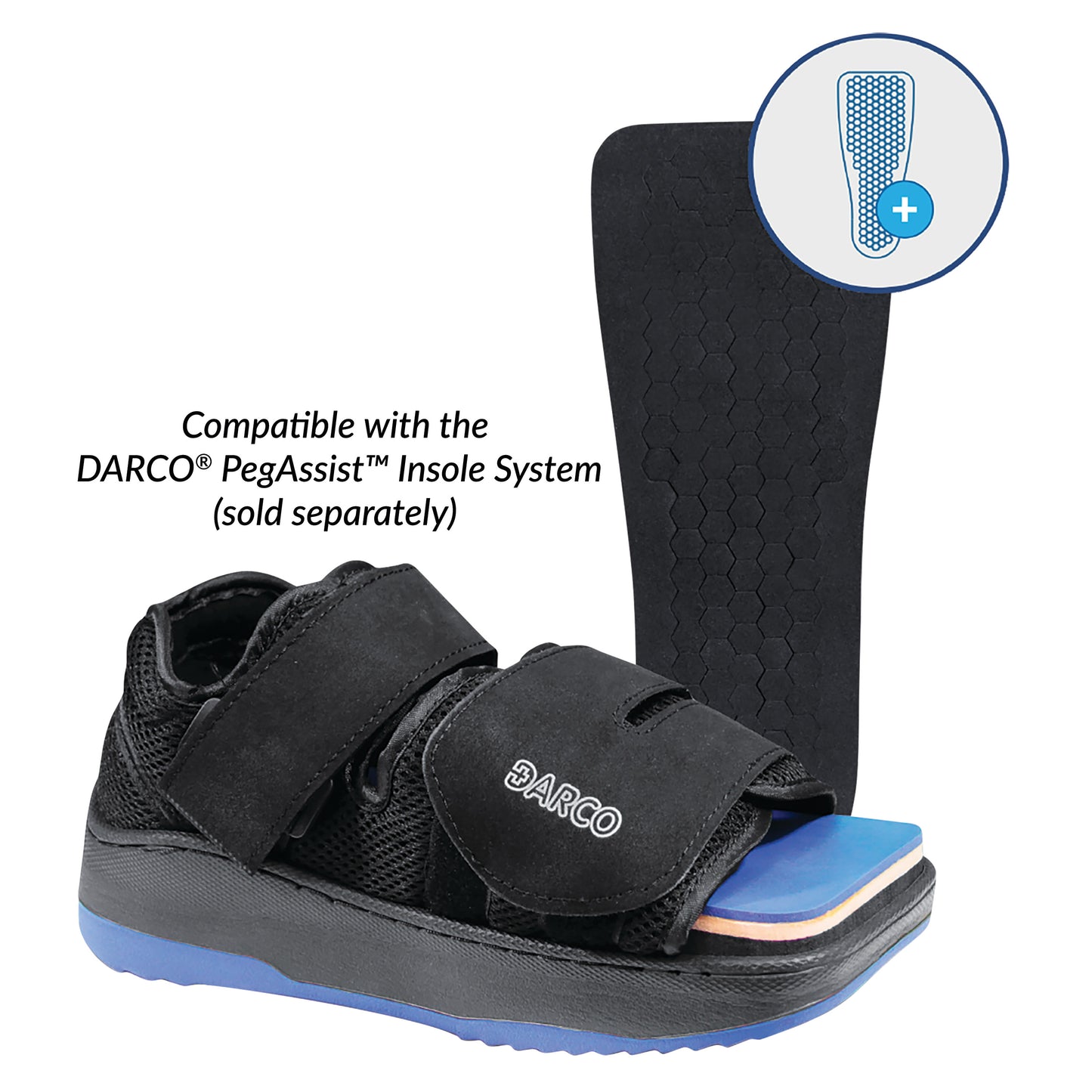 Black DARCO MedSurg DUO medical shoe with straps and a blue sole, shown with a removable black hexagon-patterned insole.