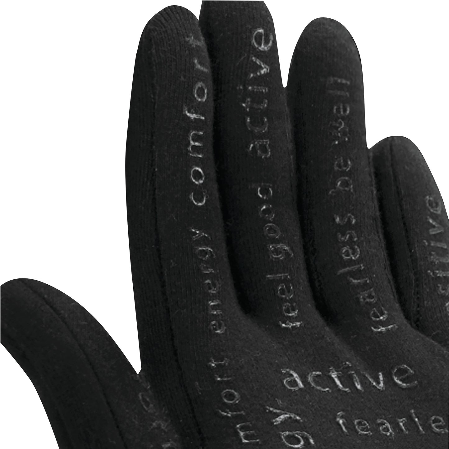 Black Intellinetix Therapy Gloves with words like "energy," "comfort," and "active" in white text on the fingers.