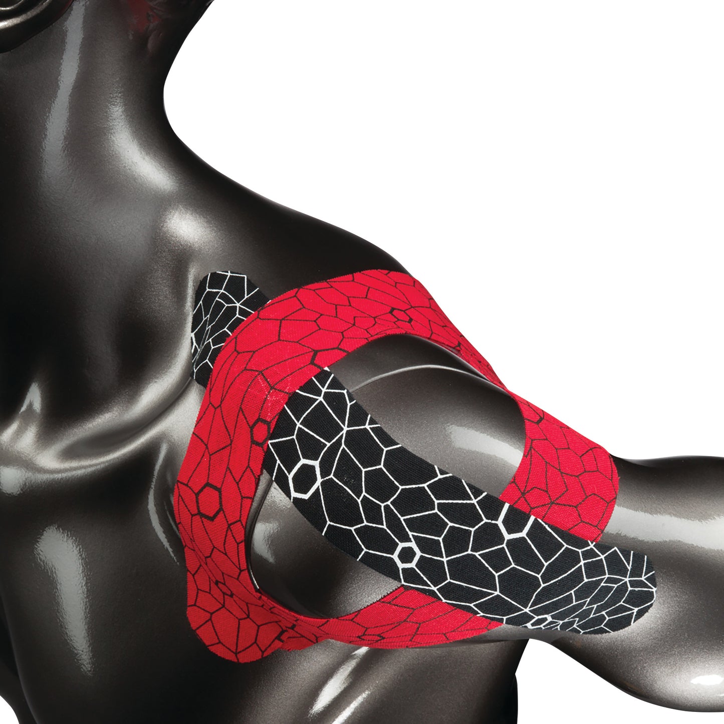Thera-Band Kinesiology Tape in red and black with a hexagonal pattern applied to a mannequin's shoulder.