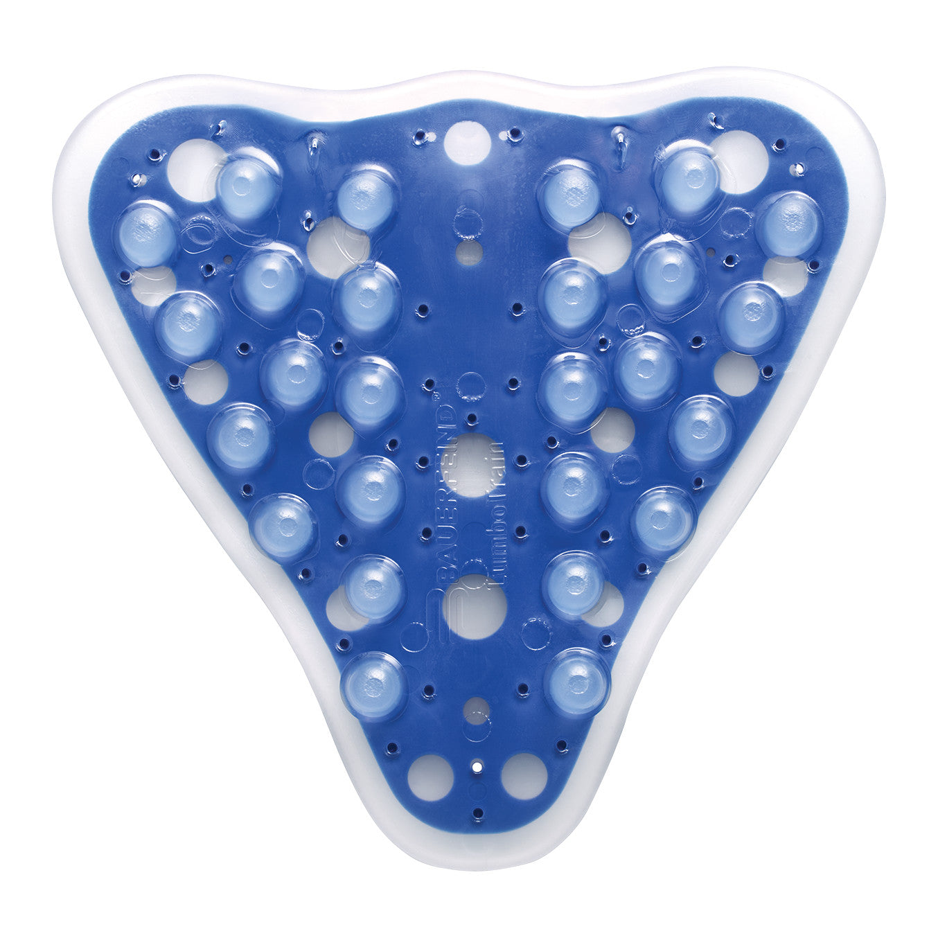 Bauerfeind LumboTrain Back Support with a blue, triangular shape featuring raised circles and multiple holes for ventilation.