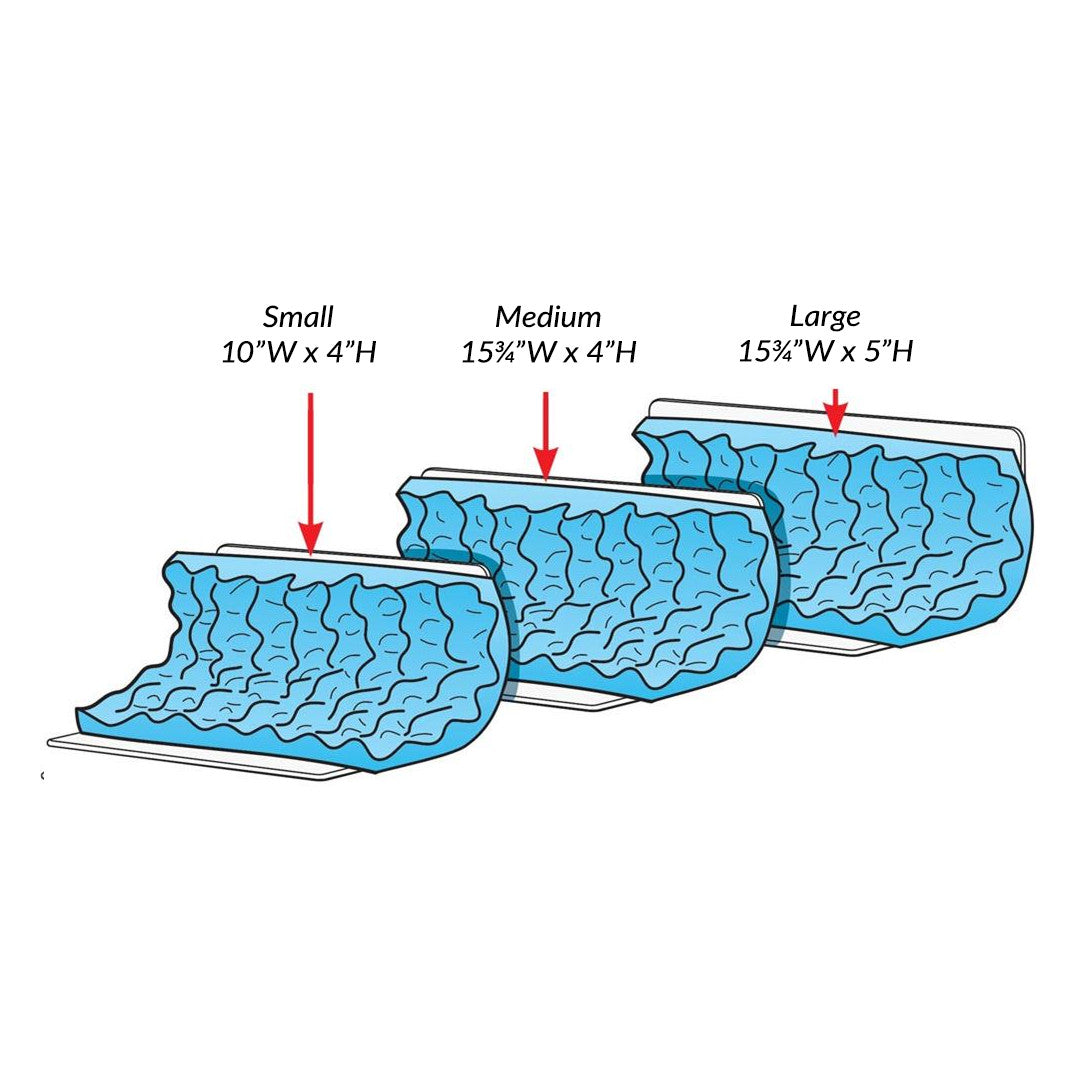 Three sizes of the AliMed Low-Profile Toboggan and Single-Use Liner Kit. Sizes are Small, Medium, and Large.