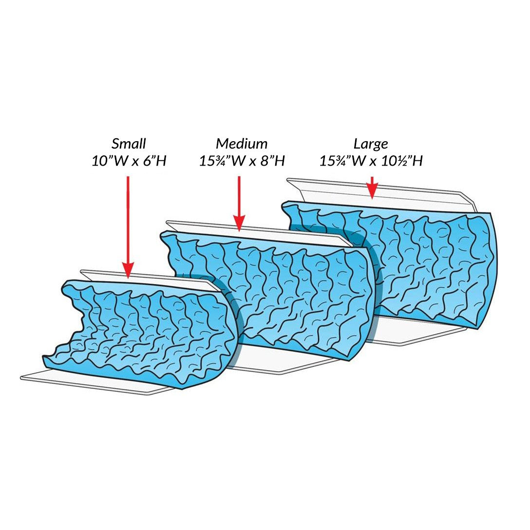 Illustration of AliMed Curved Toboggan and Single-Use Liner Kit in small, medium, and large sizes, with dimensions shown.