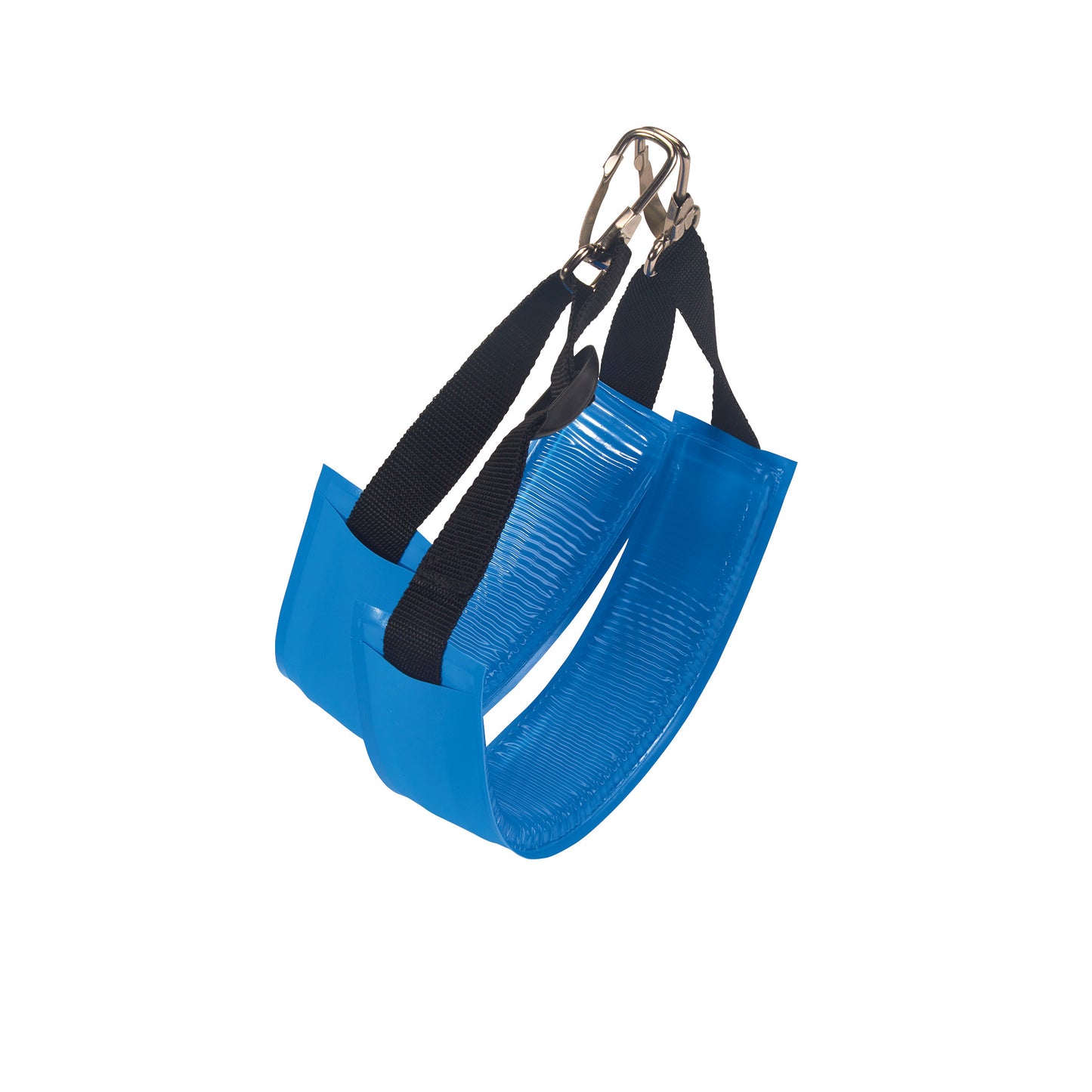 AliMed AliBlue Gel Ankle Stirrup Pad, shown with black straps and metal clips, features a blue cushioned surface.