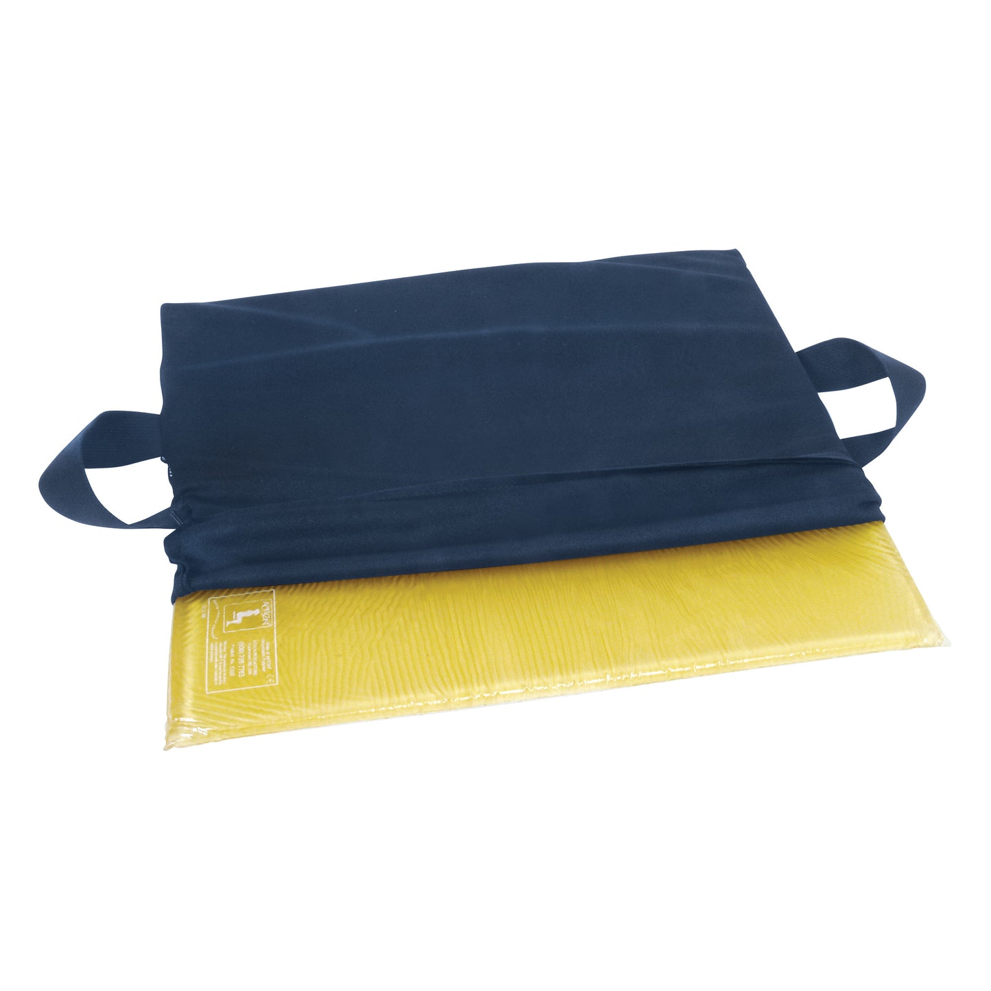 An AliMed T-Gel Wheelchair Cushion with a yellow gel layer partially inside a blue fabric cover with handles.
