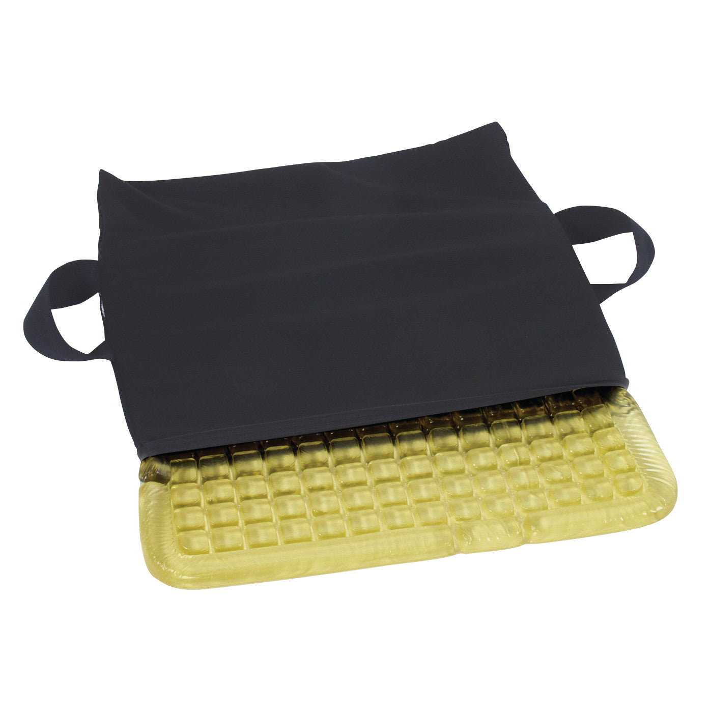 The AliMed Checkerboard T-Gel Wheelchair Cushion, featuring a yellow gel surface partially covered by a black fabric.