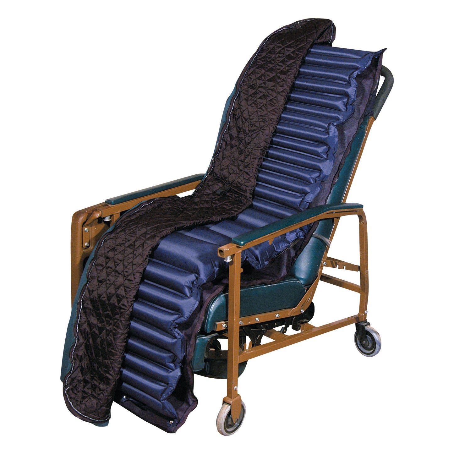 The Chair-Air 9700GR Recliner Mattress System is shown on a recliner with a blue inflated cushion and black cover.