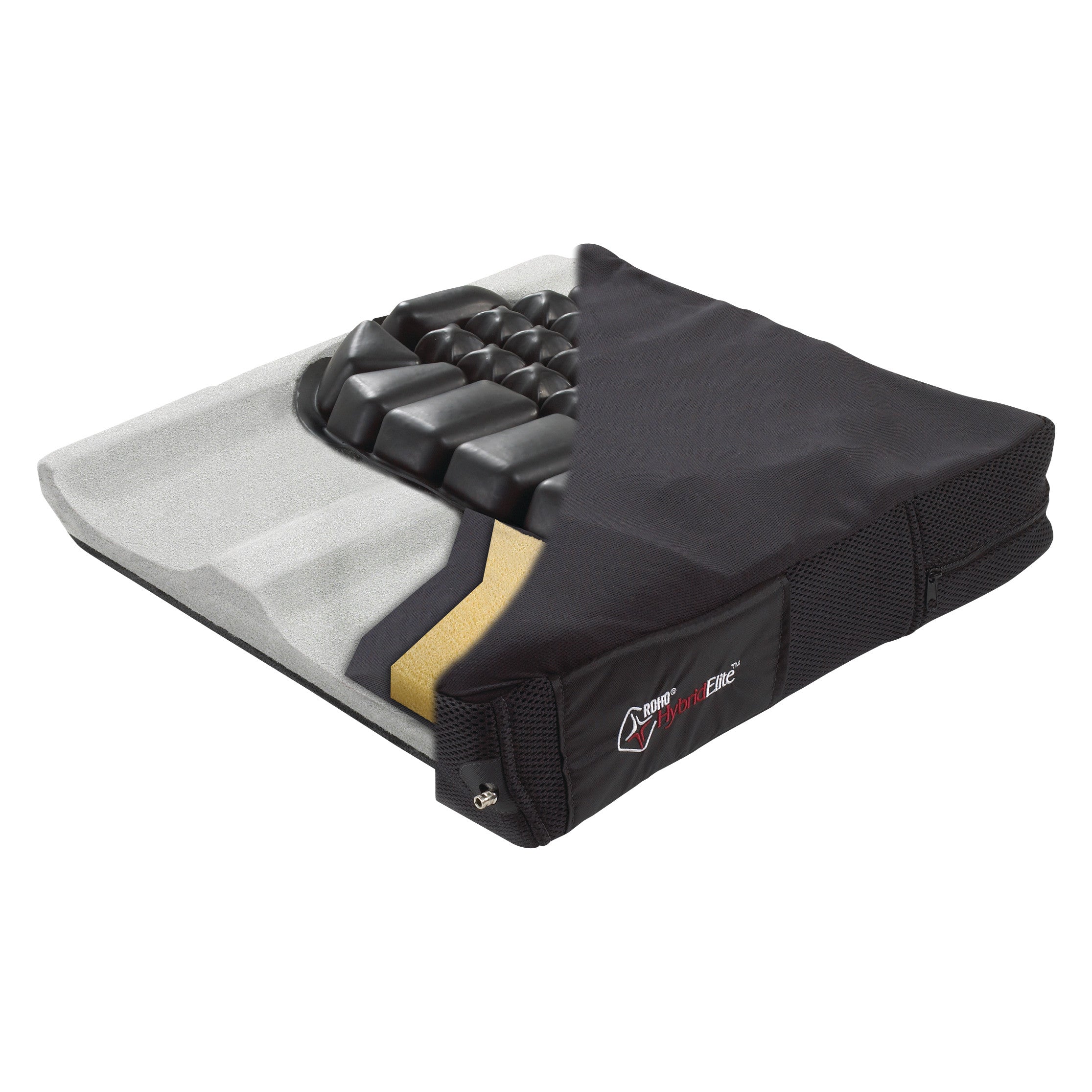 A ROHO HYBRID ELITE SR Wheelchair Cushion with a cutaway view, revealing its air cells and foam layers.