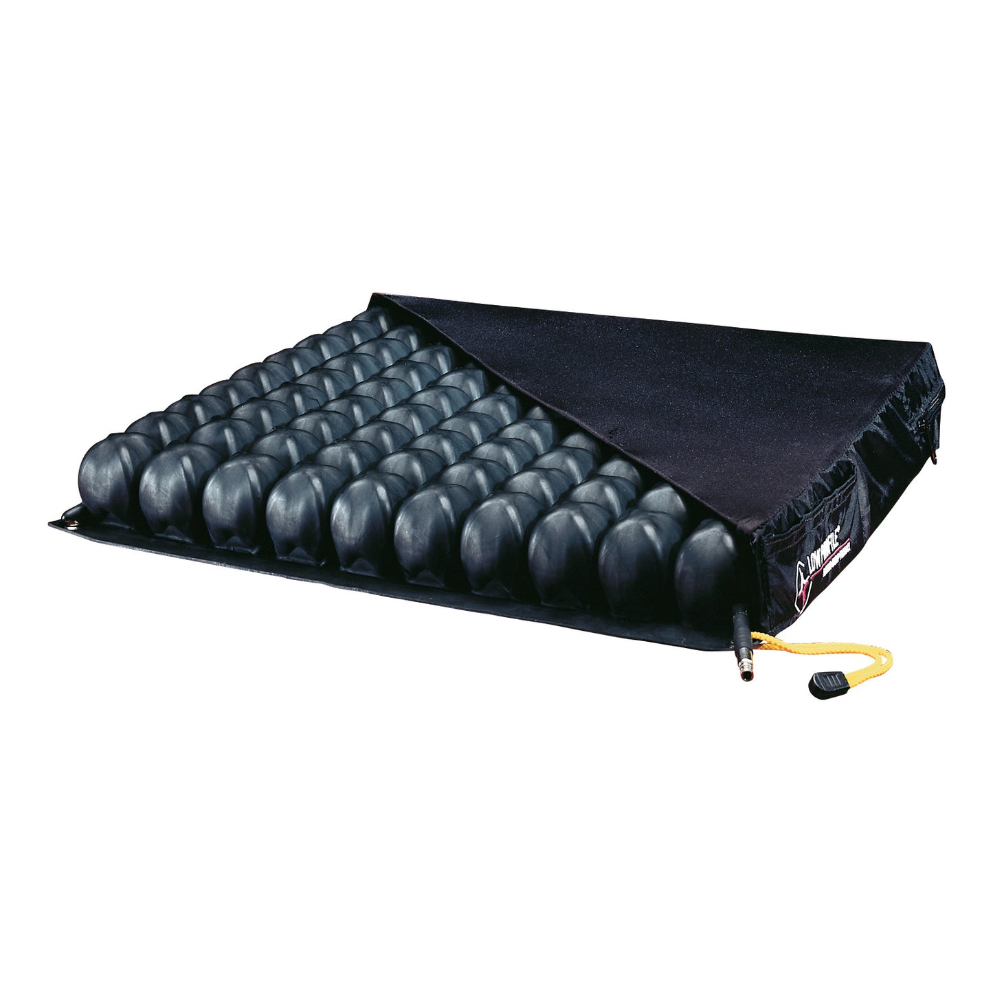 A ROHO LOW-PROFILE Single-Valve Wheelchair Cushion with black air cells and a partially open fabric cover.
