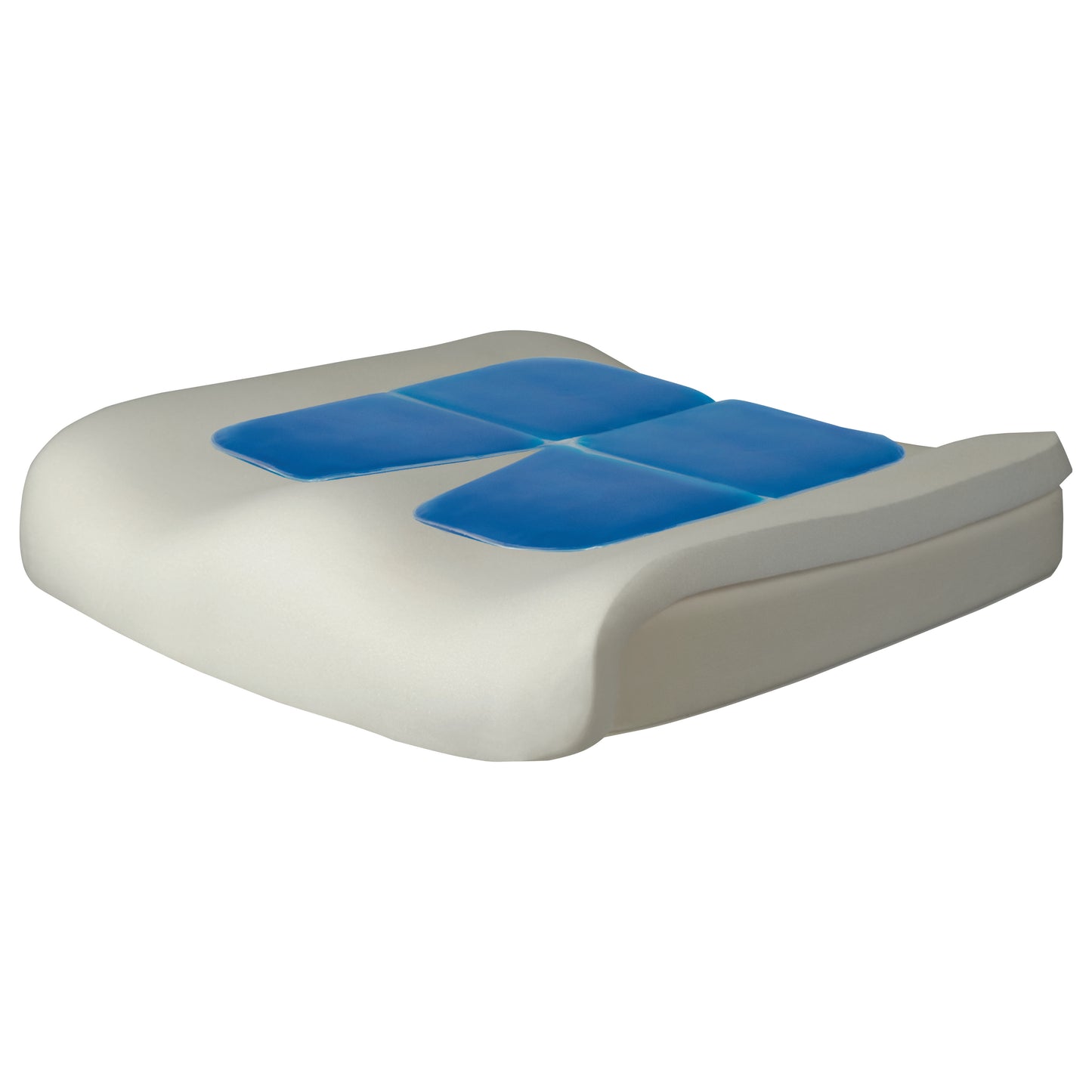 An Express Comfort Contoured Gel Wheelchair Cushion with a beige base and blue gel pads on top.