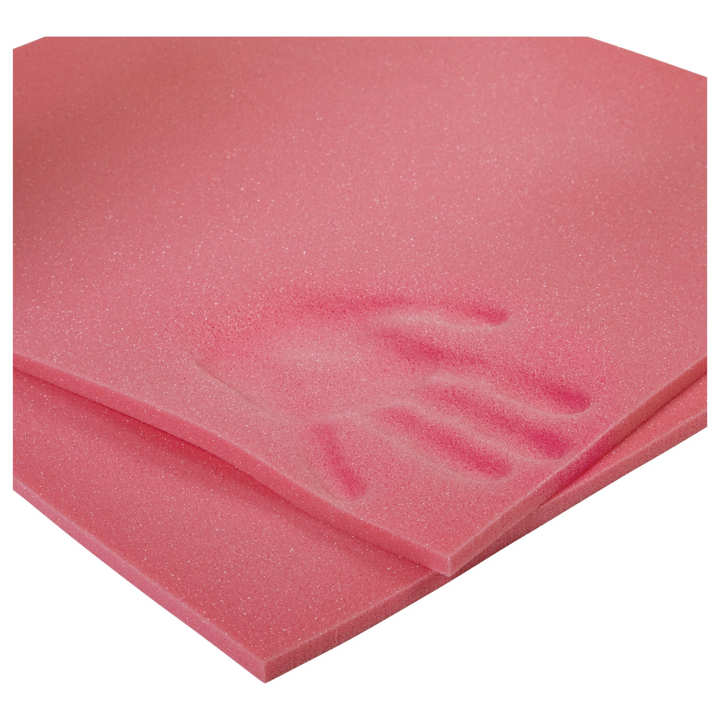 A pink AliMed Non-Adhesive T-Foam Sheet with a visible hand imprint on one layer, showing its memory foam properties.