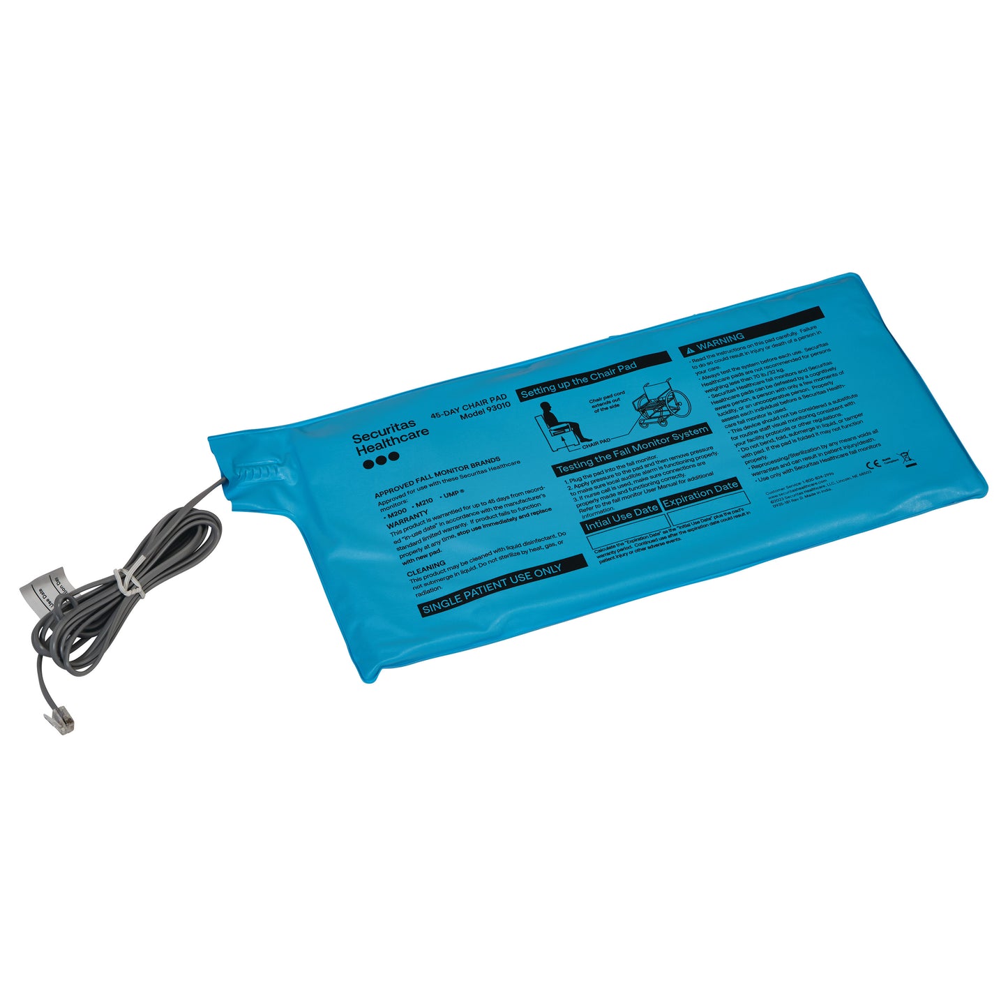 A blue UMP Chair Sensor Pad with a cable attached, featuring setup instructions and warning text printed on its surface.
