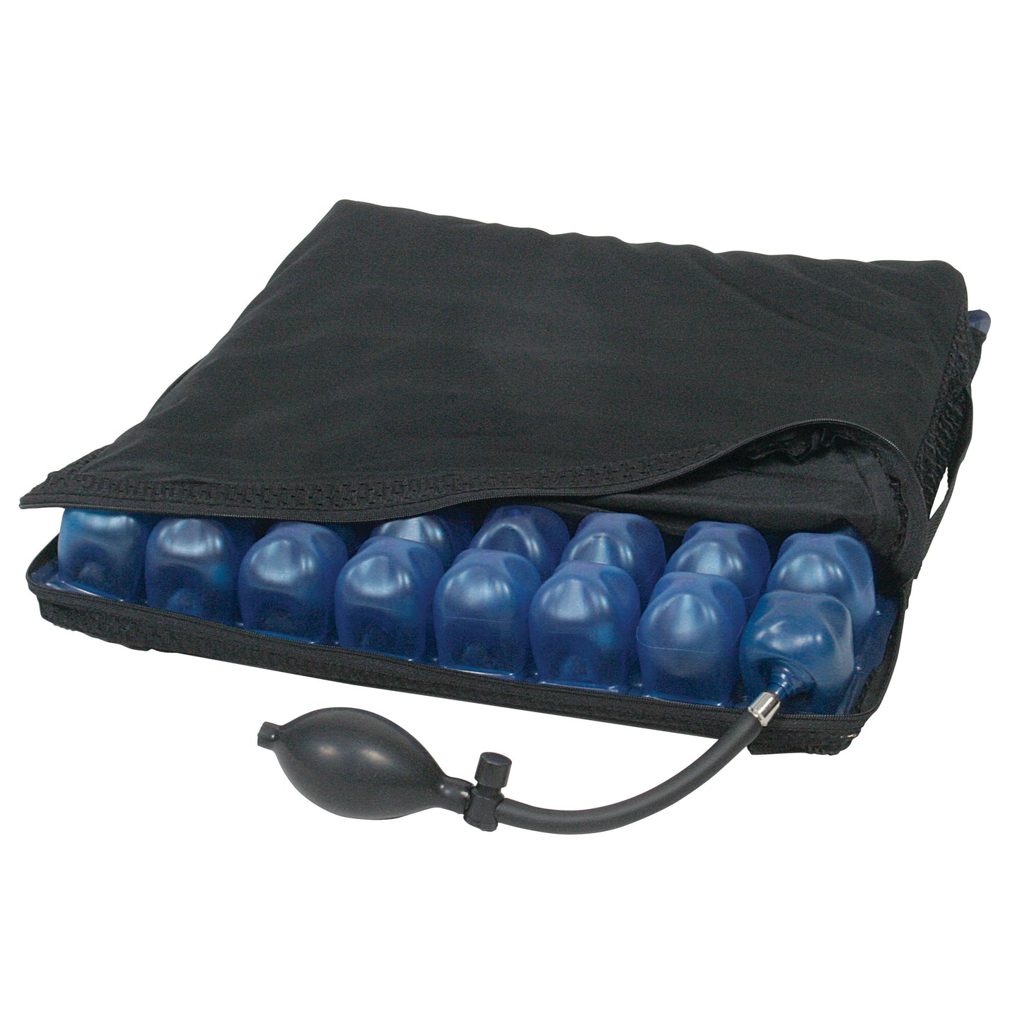 Replacement Cover for AliMed AeroCell II Low Cell Pressure-Relieving Wheelchair Cushion showing blue air cells and black pump.