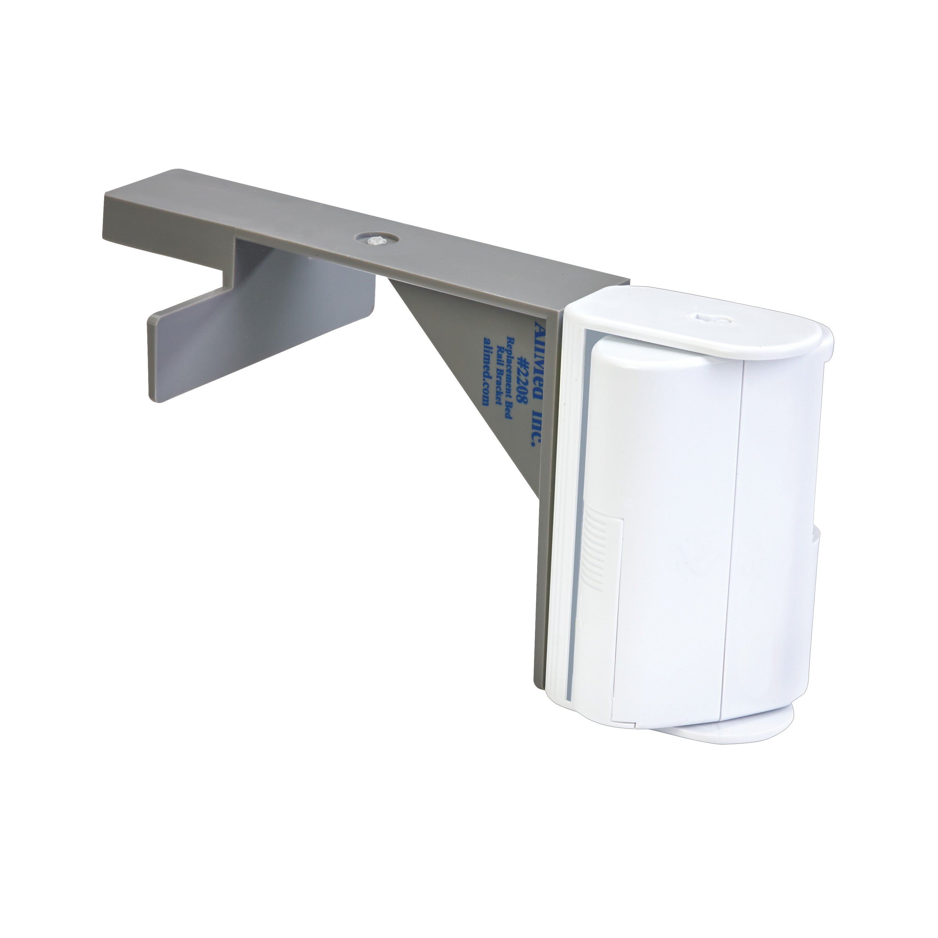 AliMed Motion Detection Local Alarm with Bed Rail Clamp, featuring a white alarm unit attached to a gray bed rail clamp.
