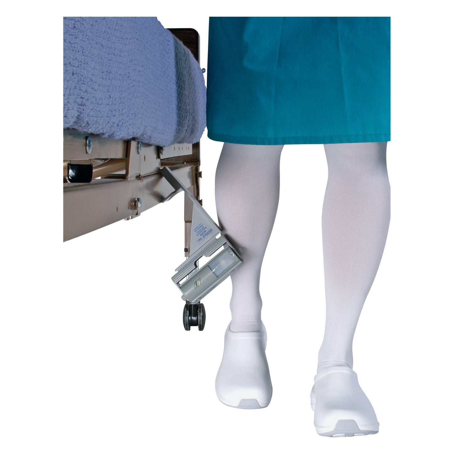 A person uses the AliMed Magnetic Bed Rail Clamp, attached to a bed, with a foot pressing the release mechanism.