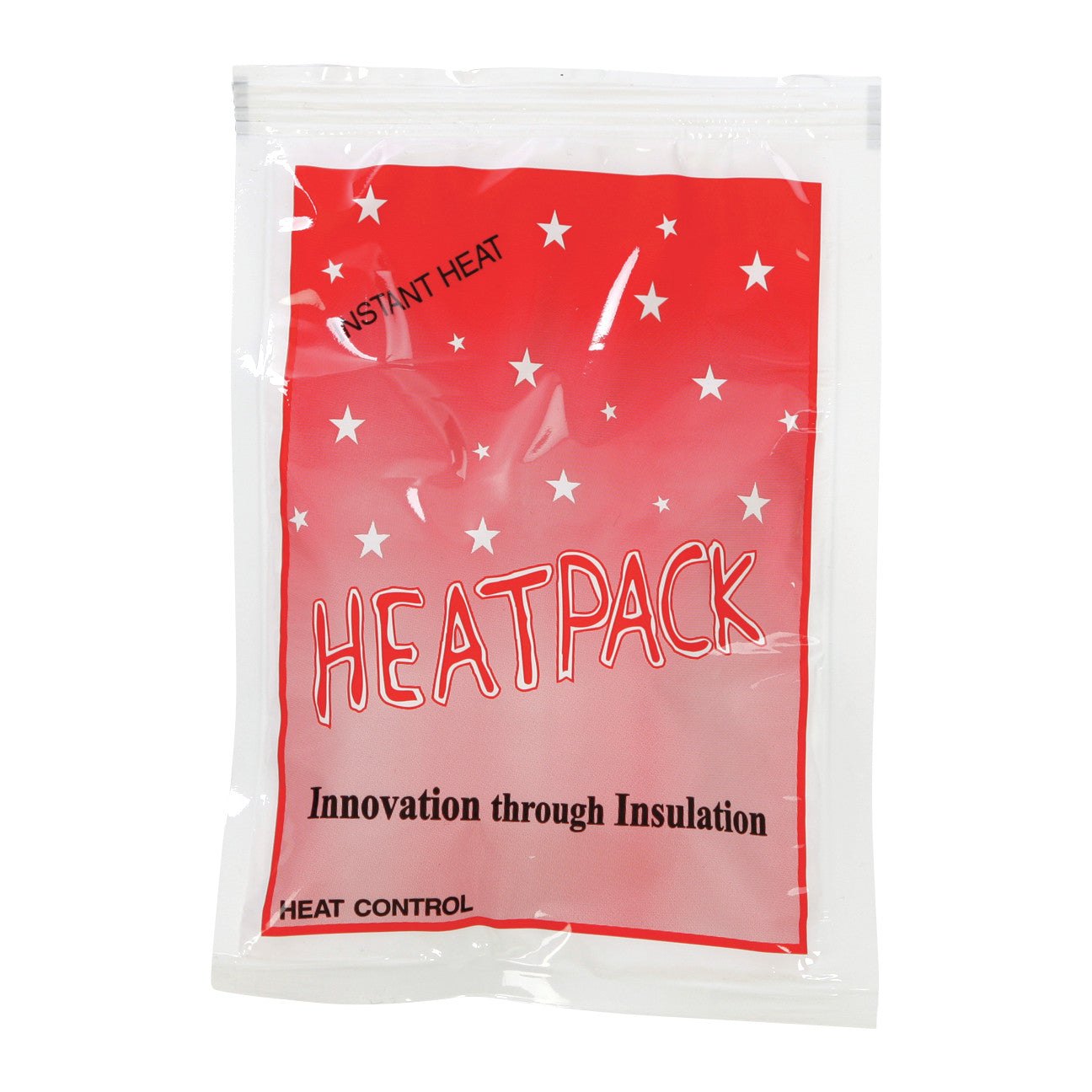 Insulated Instant Hot Pack in a plastic pouch with a red label featuring white stars and the text "Innovation through Insulation."