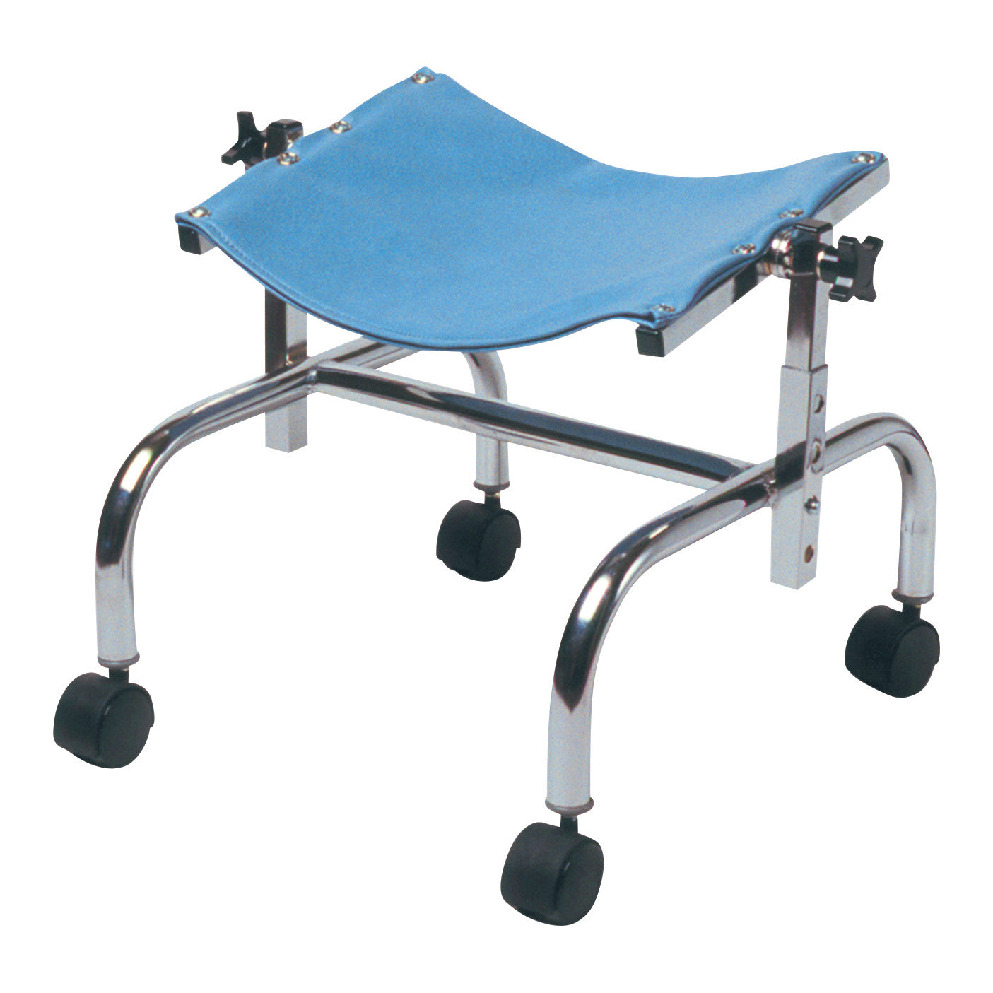 The Skillbuilders Crawler is a blue pediatric positioning device with a metal frame and wheels for mobility.