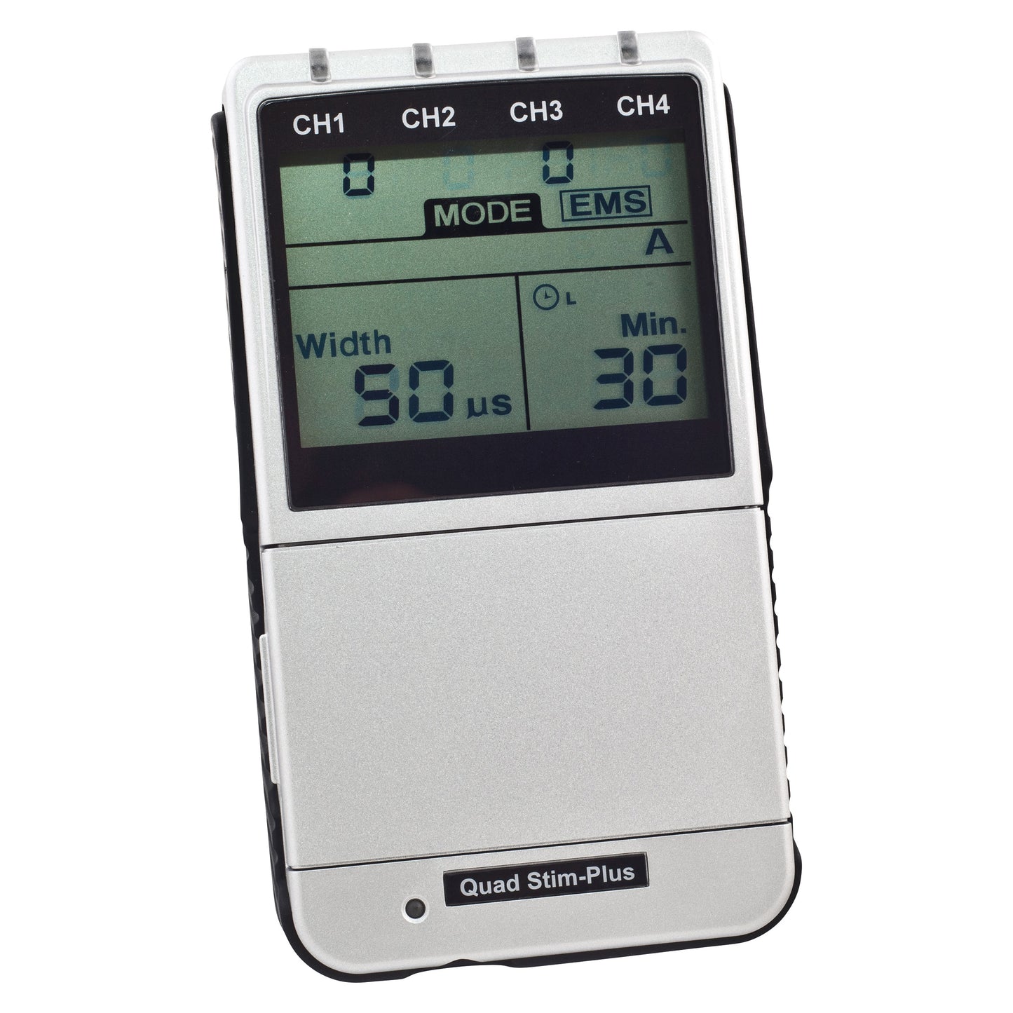 Pain Management Technologies Quad Stim-Plus TENS/EMS Unit with four channels and digital display showing settings for mode and duration.