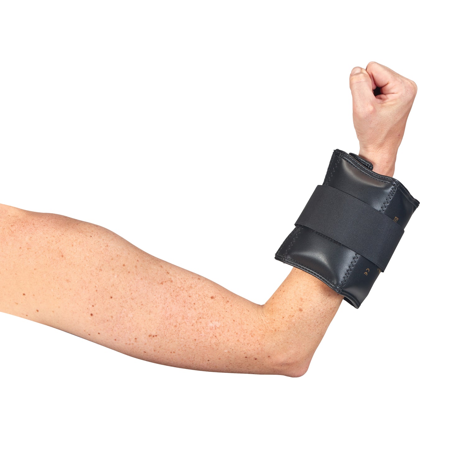 An arm flexes with an AliMed Color-Coded Cuff Weight strapped around the wrist. The cuff is black with a strap.