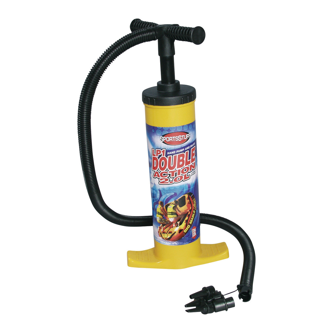 A yellow High-Volume Pump with a double action feature, flexible hose, three interchangeable nozzle attachments, and a sturdy base.
