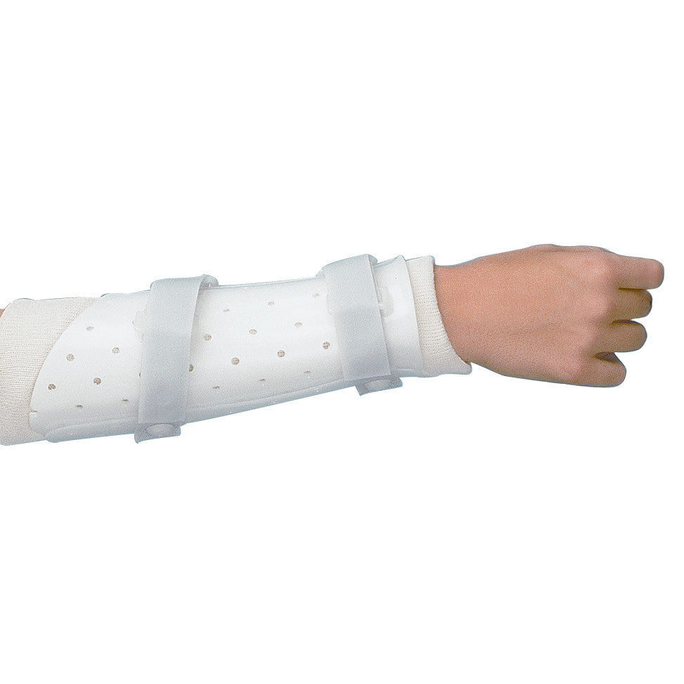 A forearm wearing a Miami Prefabricated Ulnar Fracture Brace, featuring a white, perforated plastic with straps for support.