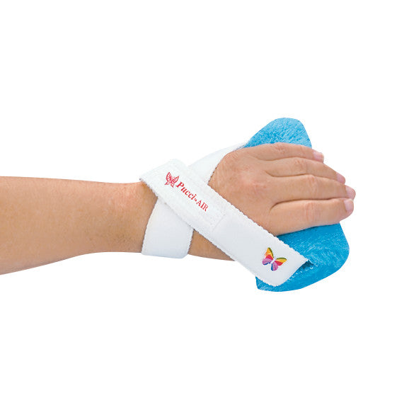 A hand wearing the Pucci Air Short Opponens Inflatable Hand Splint, featuring a blue pad and white straps with a butterfly design.