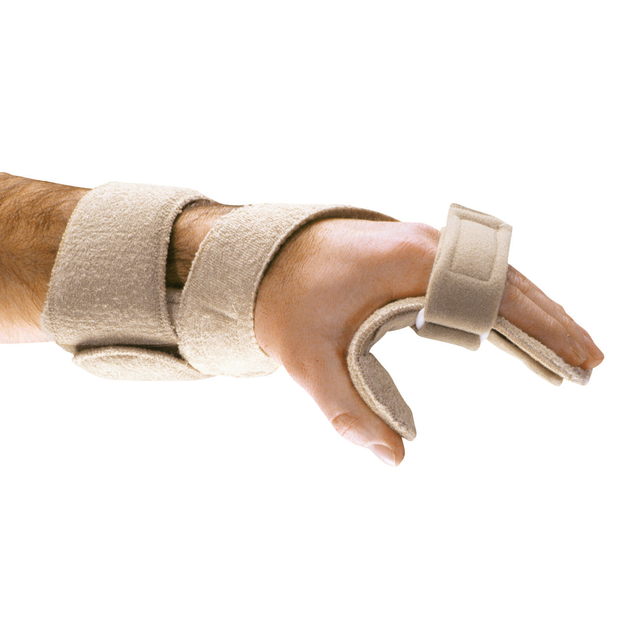 A hand wearing the AliMed Omni Progressive WHT Orthosis, featuring adjustable straps and fabric support for the thumb and fingers.