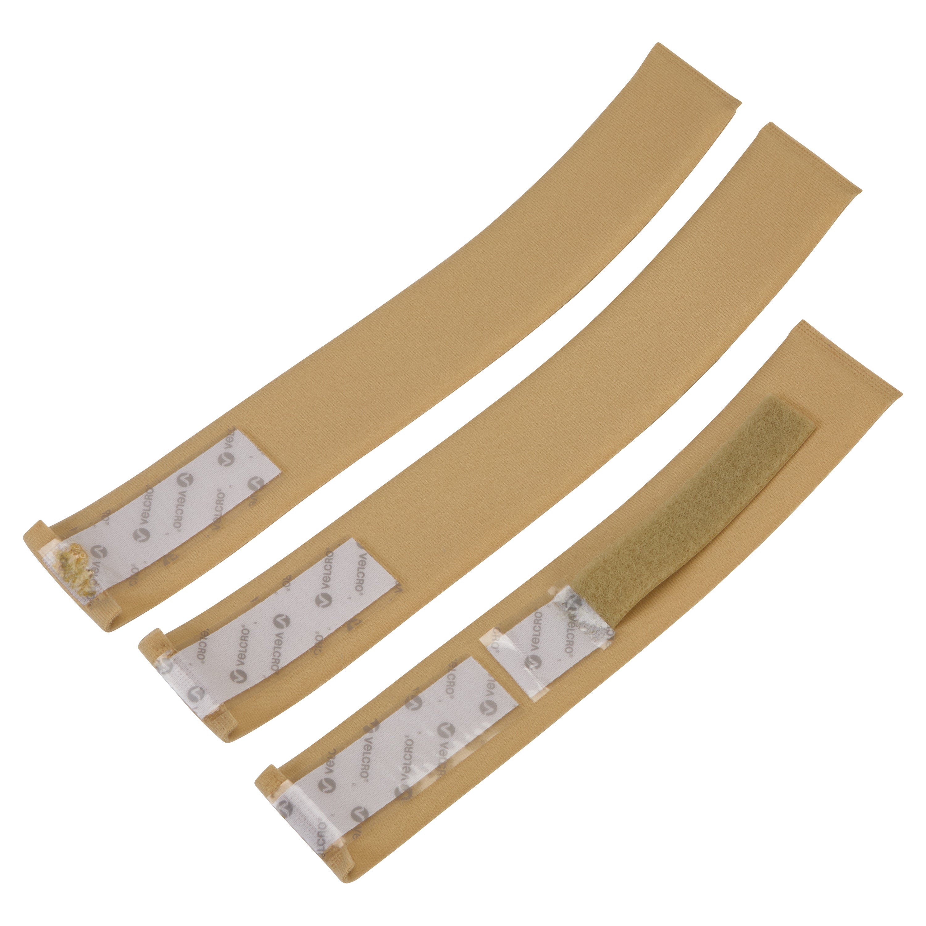 Three tan straps displayed against a white background. They are part of the Strap Kit for AliMed Resting Pan Mitt Splint Blank.
