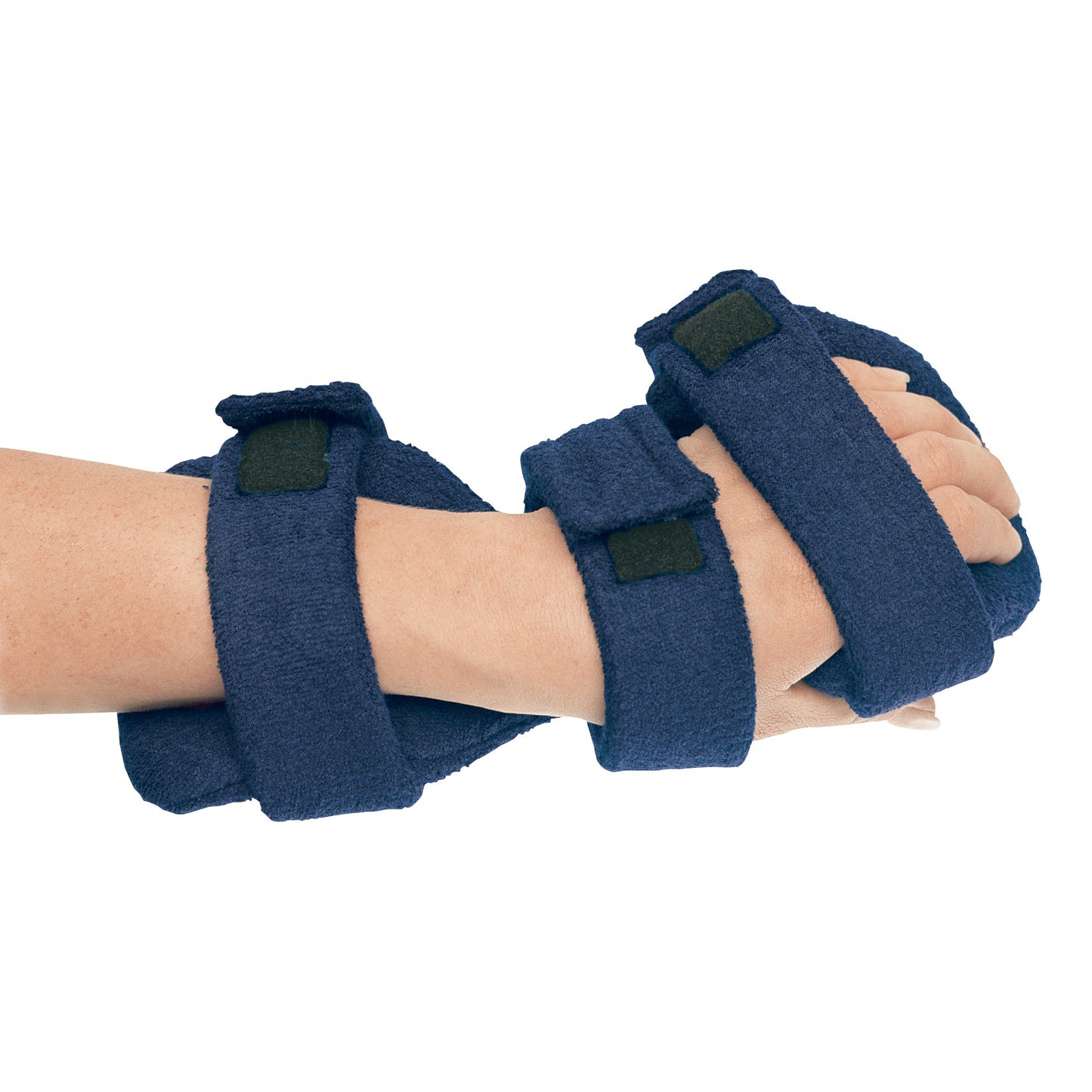 A person's hand is secured in a Comfy Splints Adult Deviation Hand/Wrist Orthosis with blue padding and straps.
