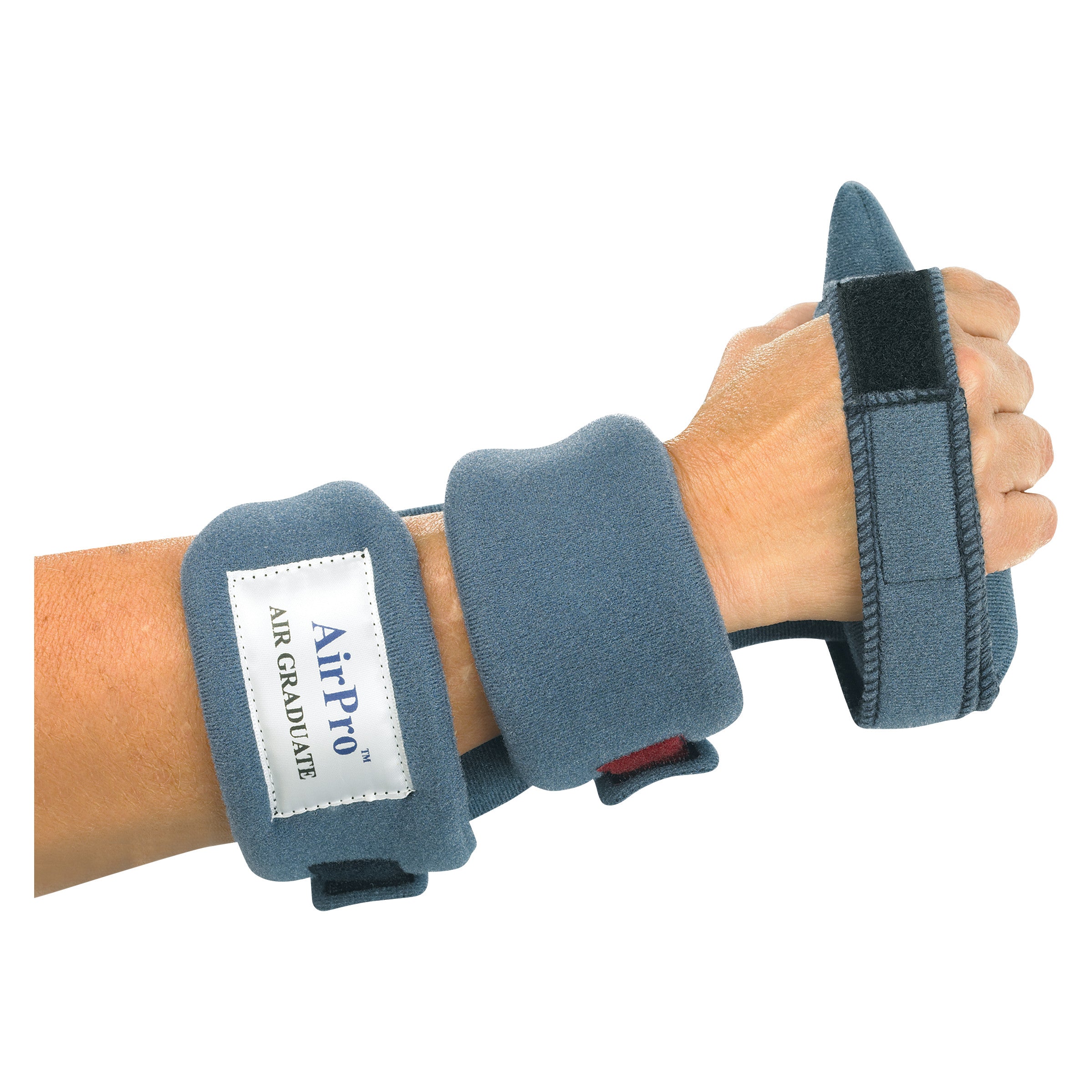 A hand wears the OCSI AirPro Air Graduate WHFO, a blue wrist and hand orthosis with straps for support and stability.