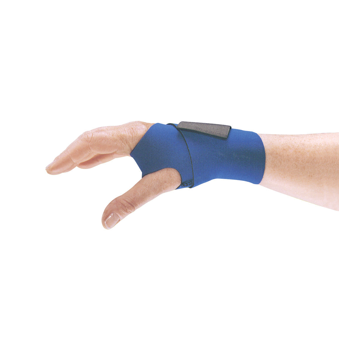 A hand wearing the AliMed Neoprene Wrist/Hand Wrap in blue. It supports the wrist and thumb, secured by a strap.