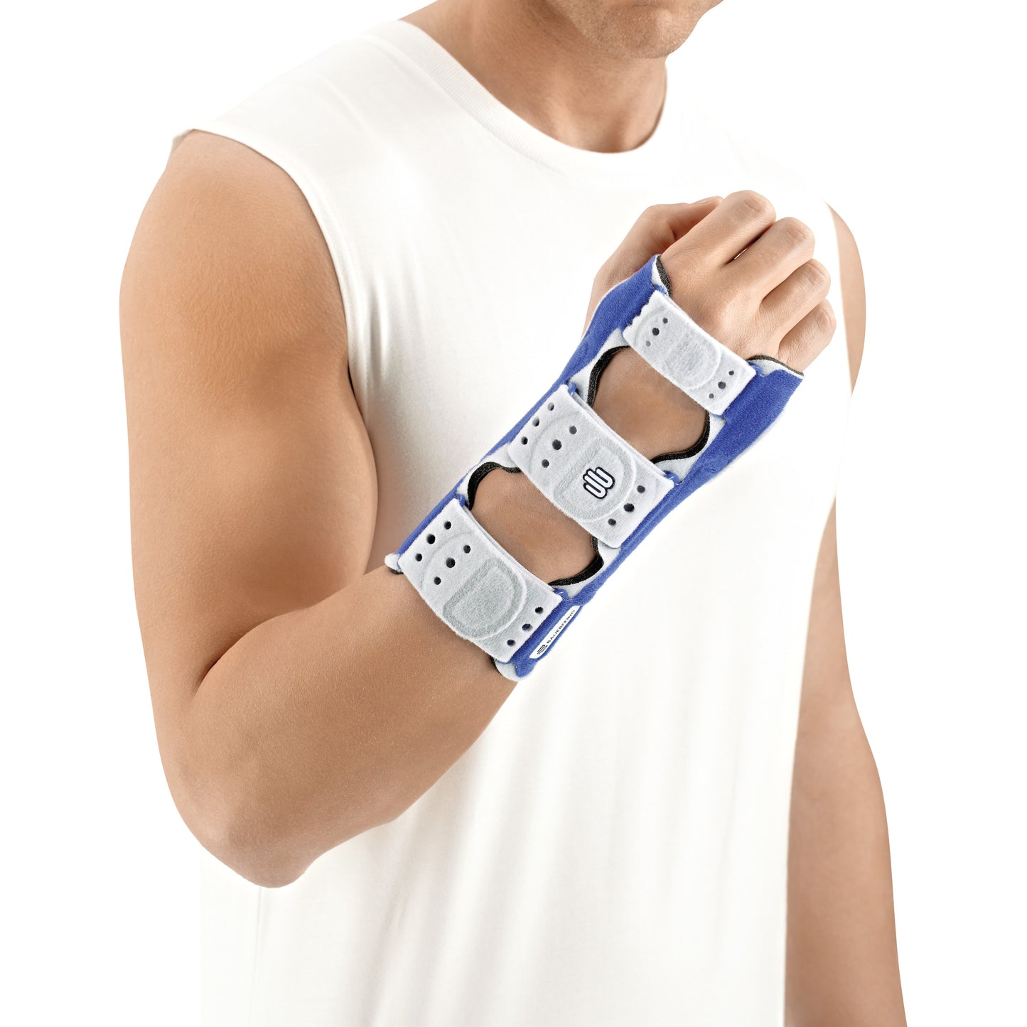 A person wears a Bauerfeind ManuLoc Short Wrist Brace with straps, in blue and white, on their forearm and wrist.