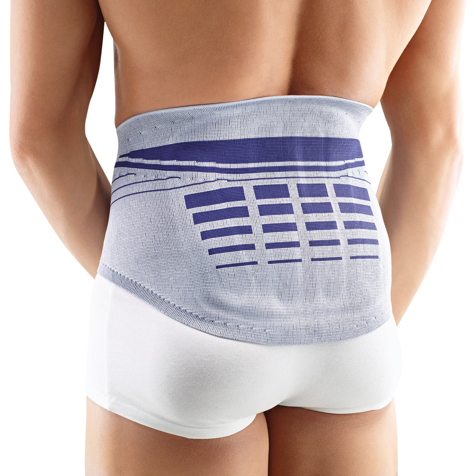 A person wearing the Bauerfeind LumboLoc Back Support, featuring a stylish blue and gray design, over white underwear.