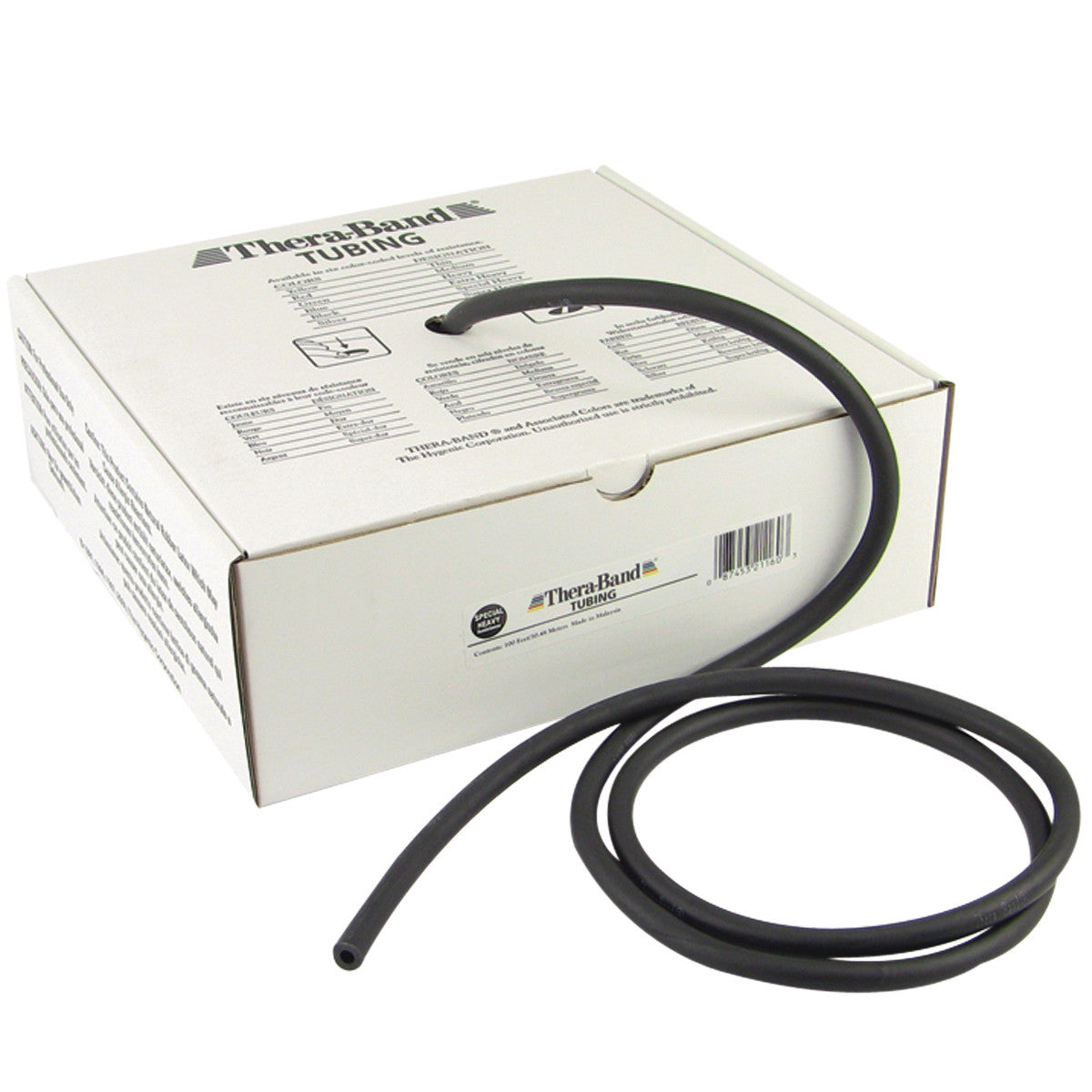 THERABAND Latex Exercise Tubing, black in color, is partially coiled on top of its packaging box with product details visible.