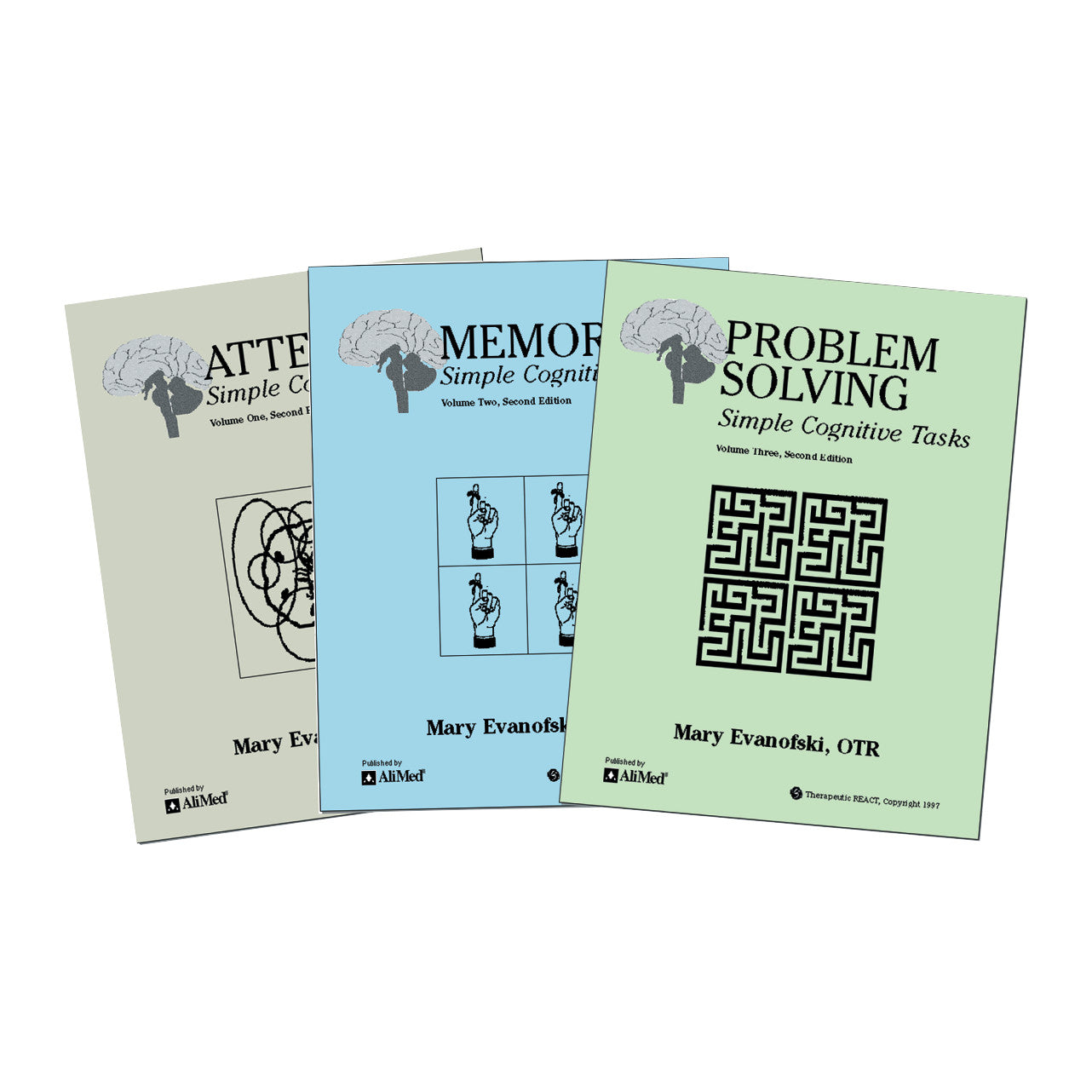 Three AliMed Simple Cognitive Tasks Workbooks titled Attention, Memory, and Problem Solving, each authored by Mary Evanofski.