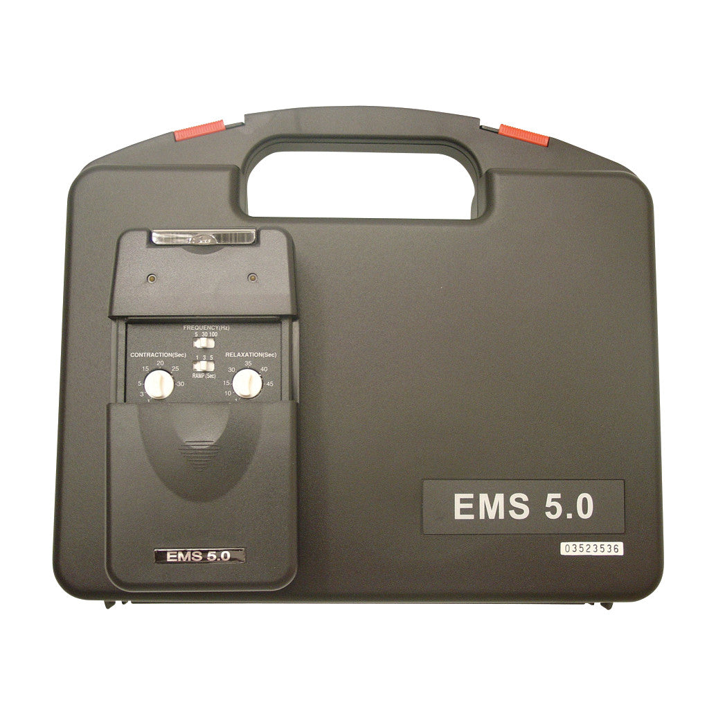 EMS 5.0 Dual Channel Muscle Stimulator in a black carrying case with control knobs and frequency settings visible on the front panel.