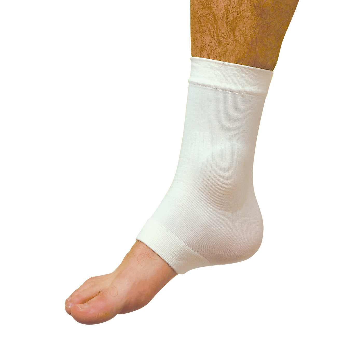 An adult leg wearing a white Silopad Malleolar Gel Sleeve, providing support and compression around the ankle.