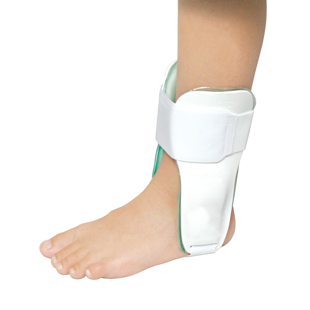 An Aircast Air-Stirrup Ankle Brace on a person's left foot. The brace is white with a strap around the ankle.